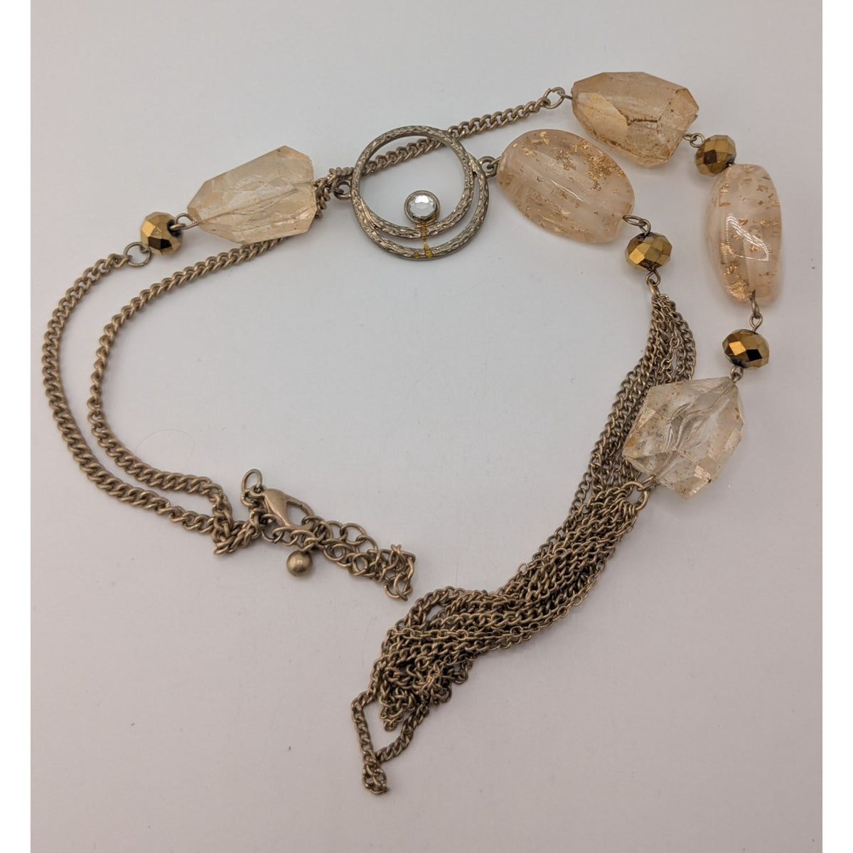 Boho Glam Gold Tone Crystal Chunky Bead Layered Chain Long Statement Necklace