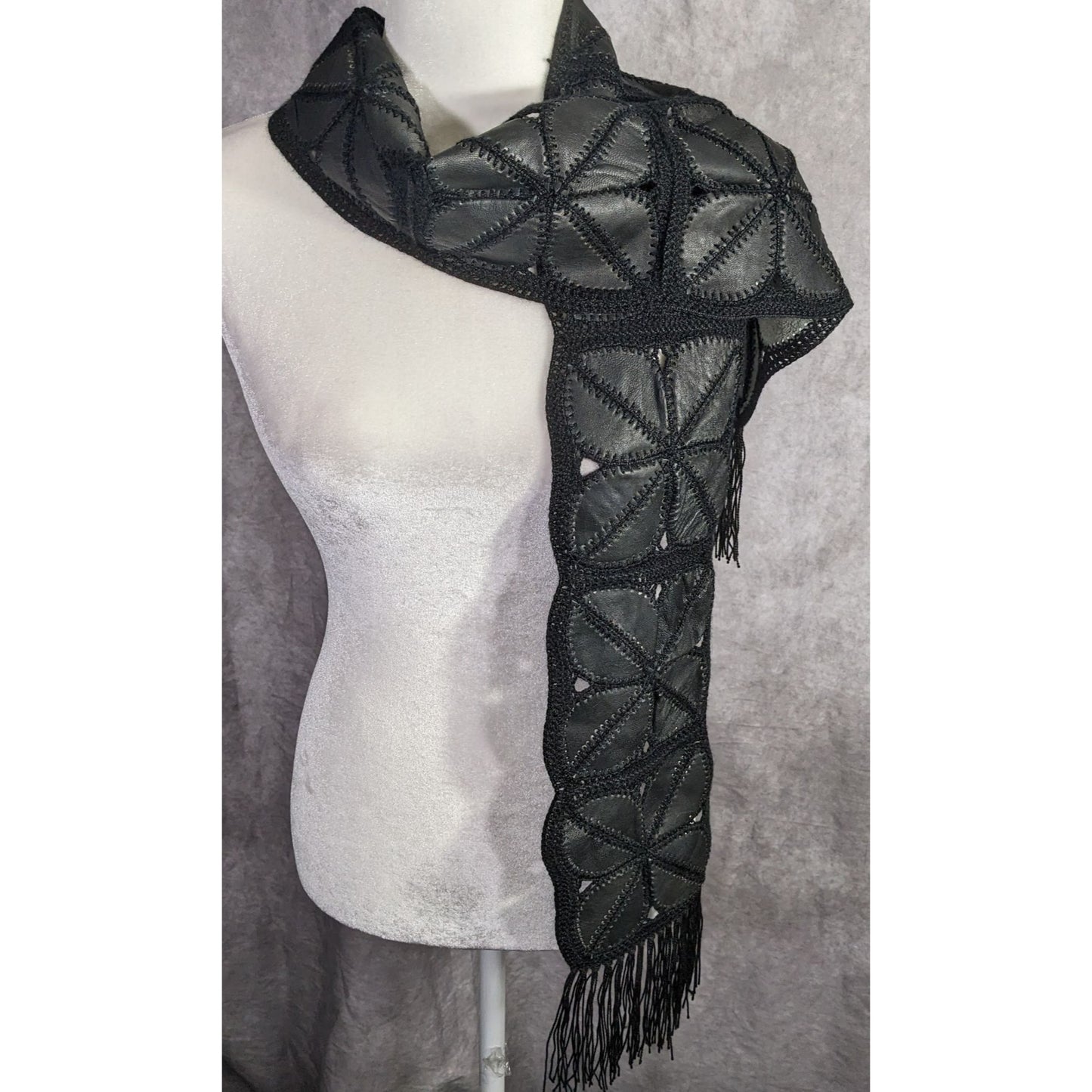 Vintage Bohemian Leather & Crochet Patchwork Scarf With Fringe