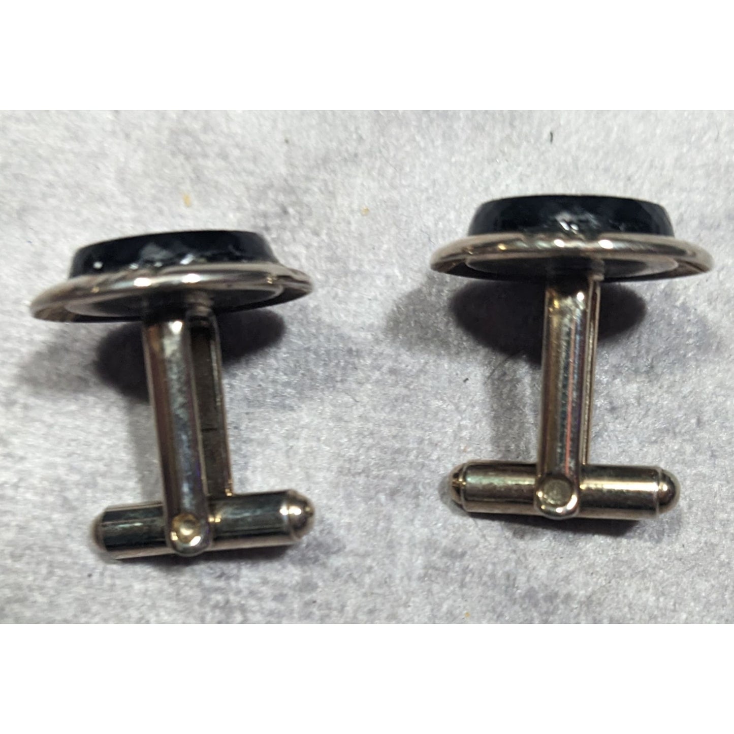 Vintage Black And Silver Tone Cuff Links With Clear Gem Inlay