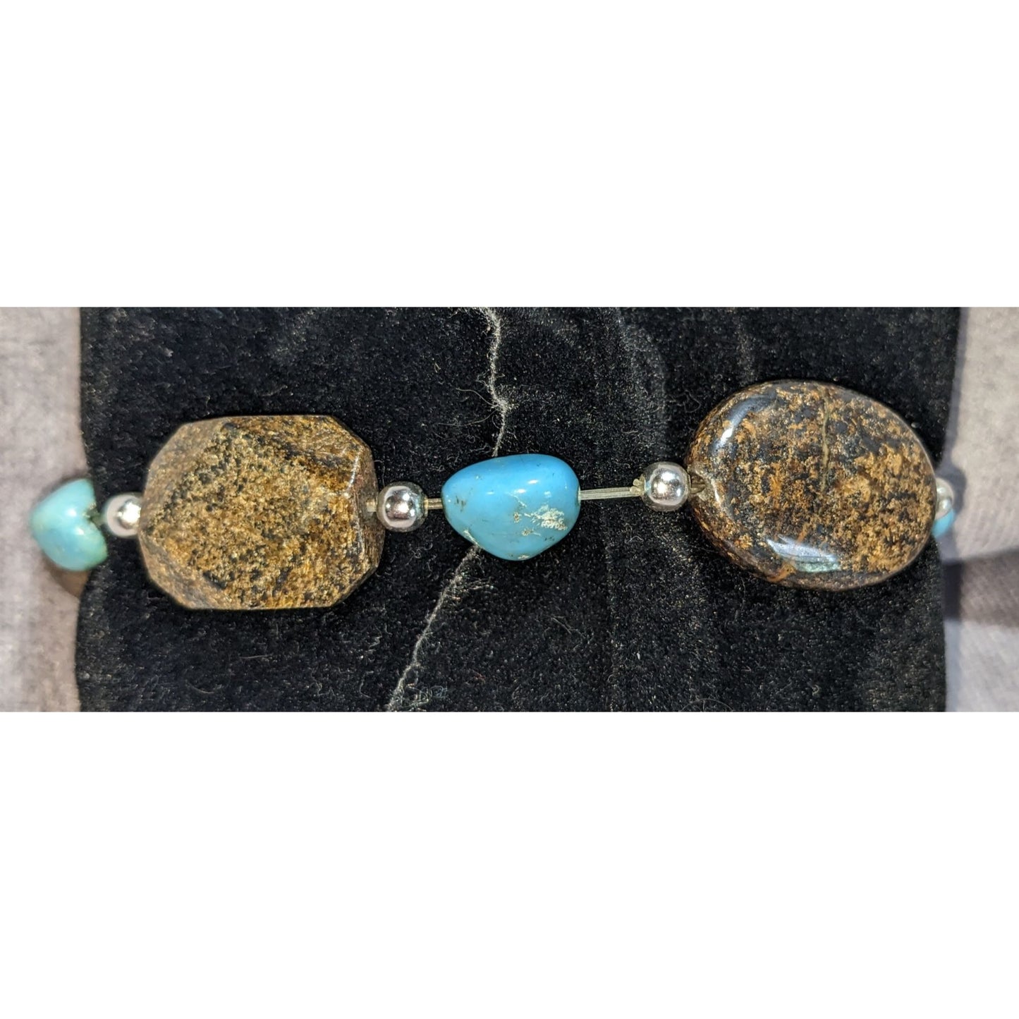 Boho Southwestern Genuine Turquoise Bronzite Sterling Silver Stretch Bracelet