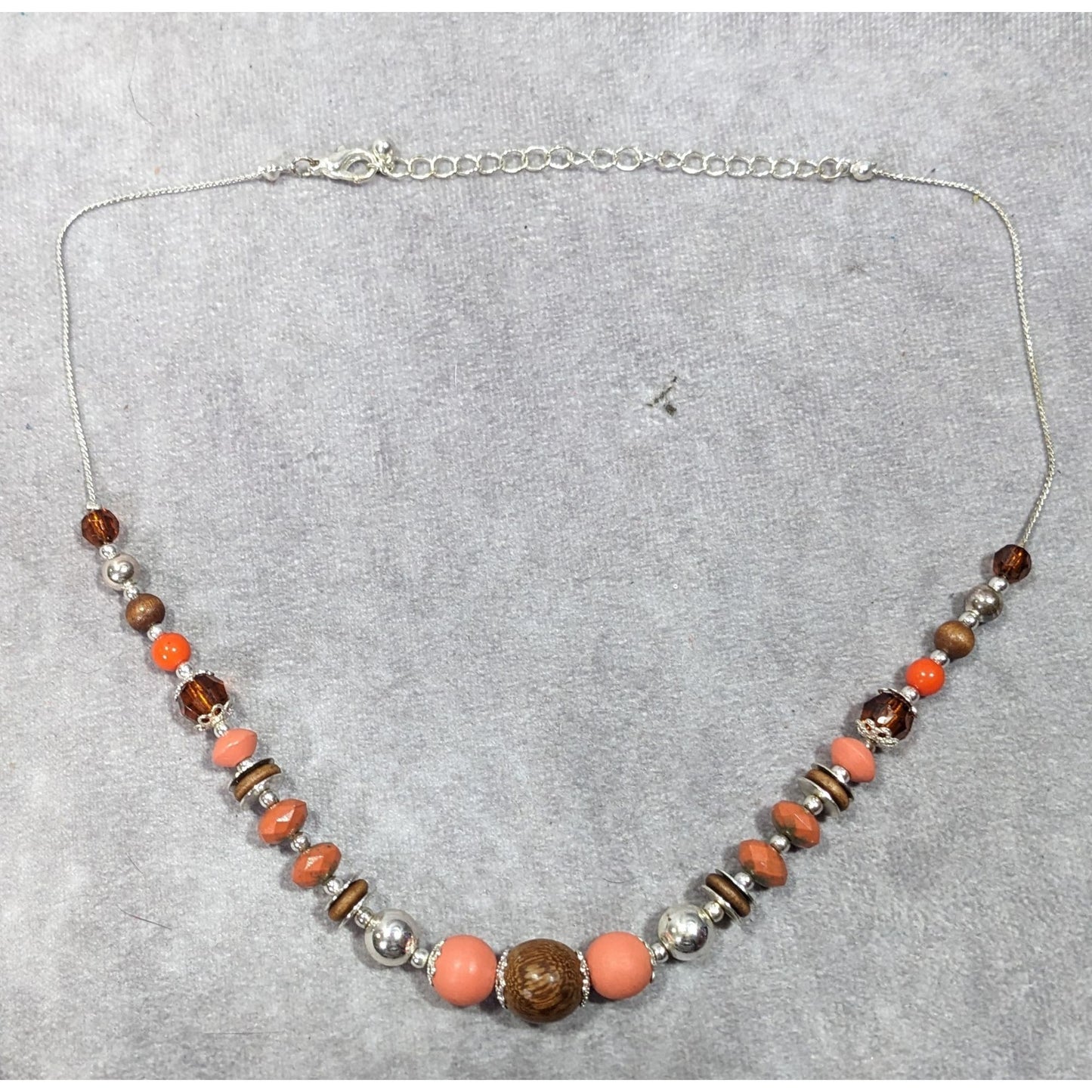 Orange Brown And Silver Tone Wood And Clay Beaded Necklace