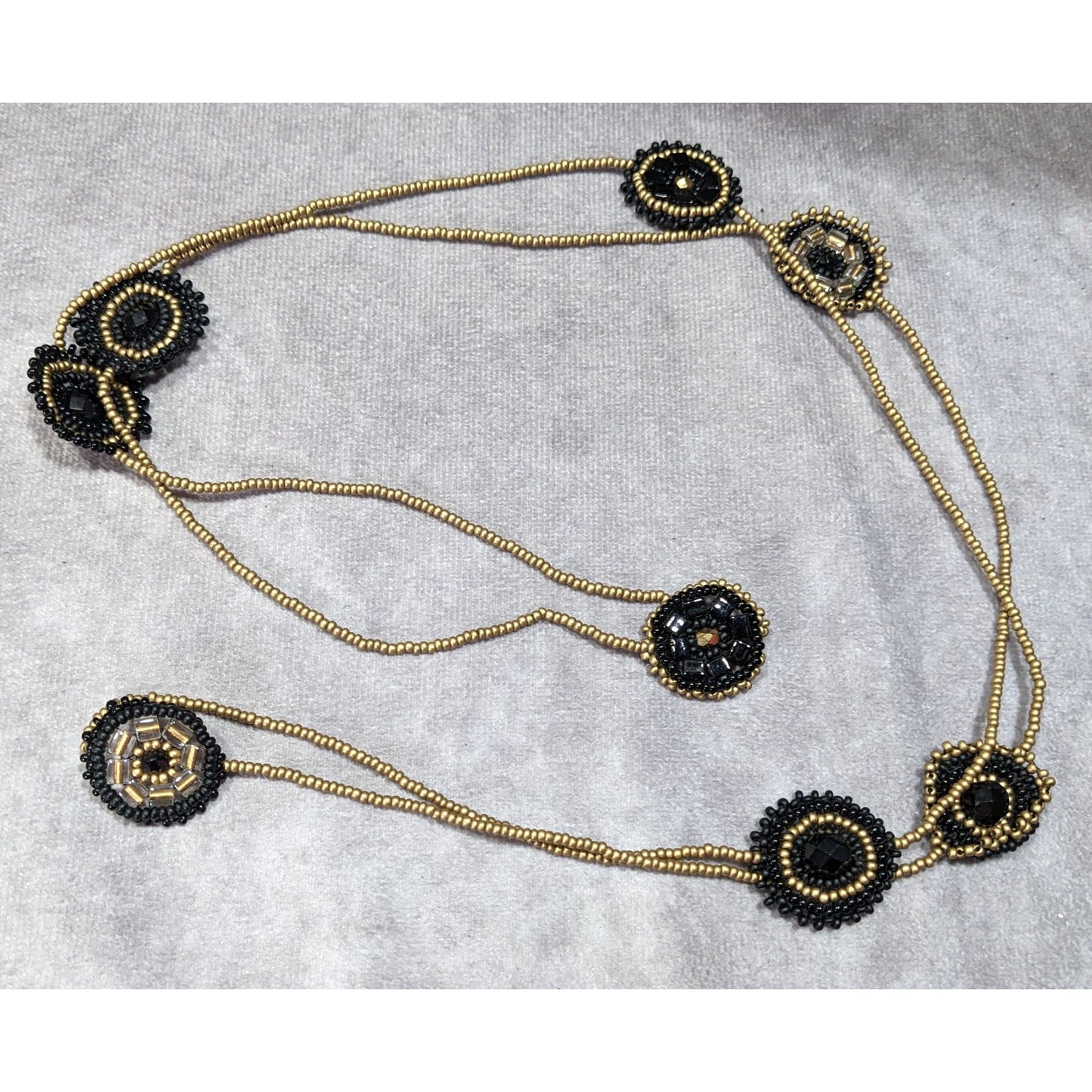 Glass Beaded Necklace Black And Gold Tone With Flower Disc Stations