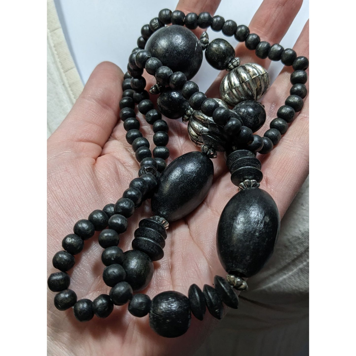 Vintage Black Wood Silver Accent Statement Artisan Necklace Handcrafted Ethnic Boho