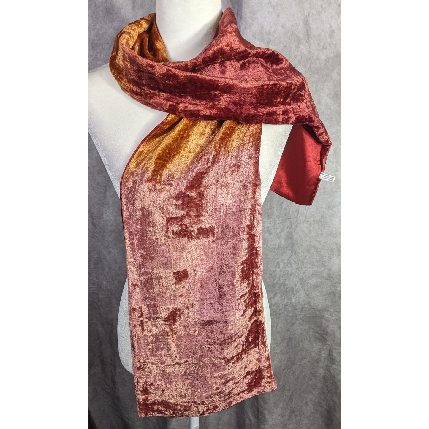 Vintage One If By Land Velvet Scarf Ombre Red Gold Pink 60"x10" Made In India