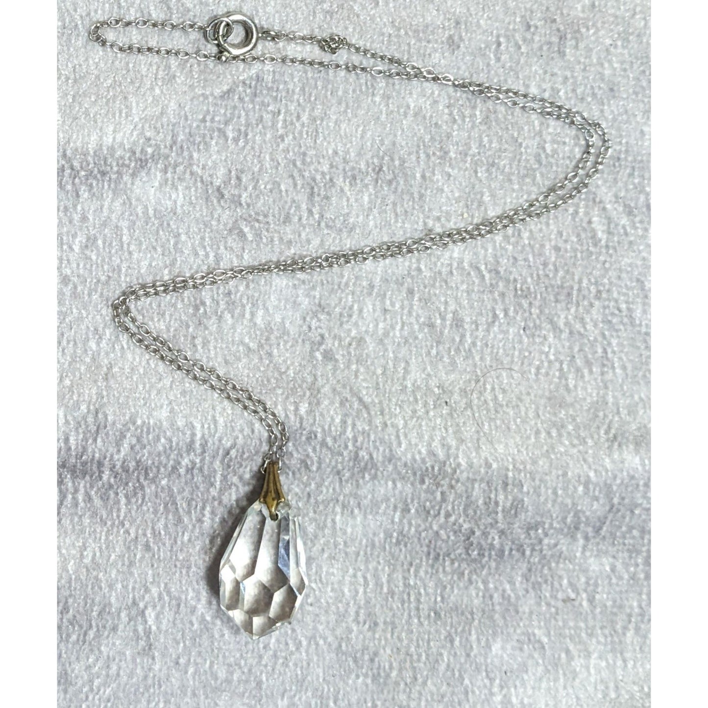 Teardrop Crystal Pendant Necklace On Delicate Silver Tone Chain