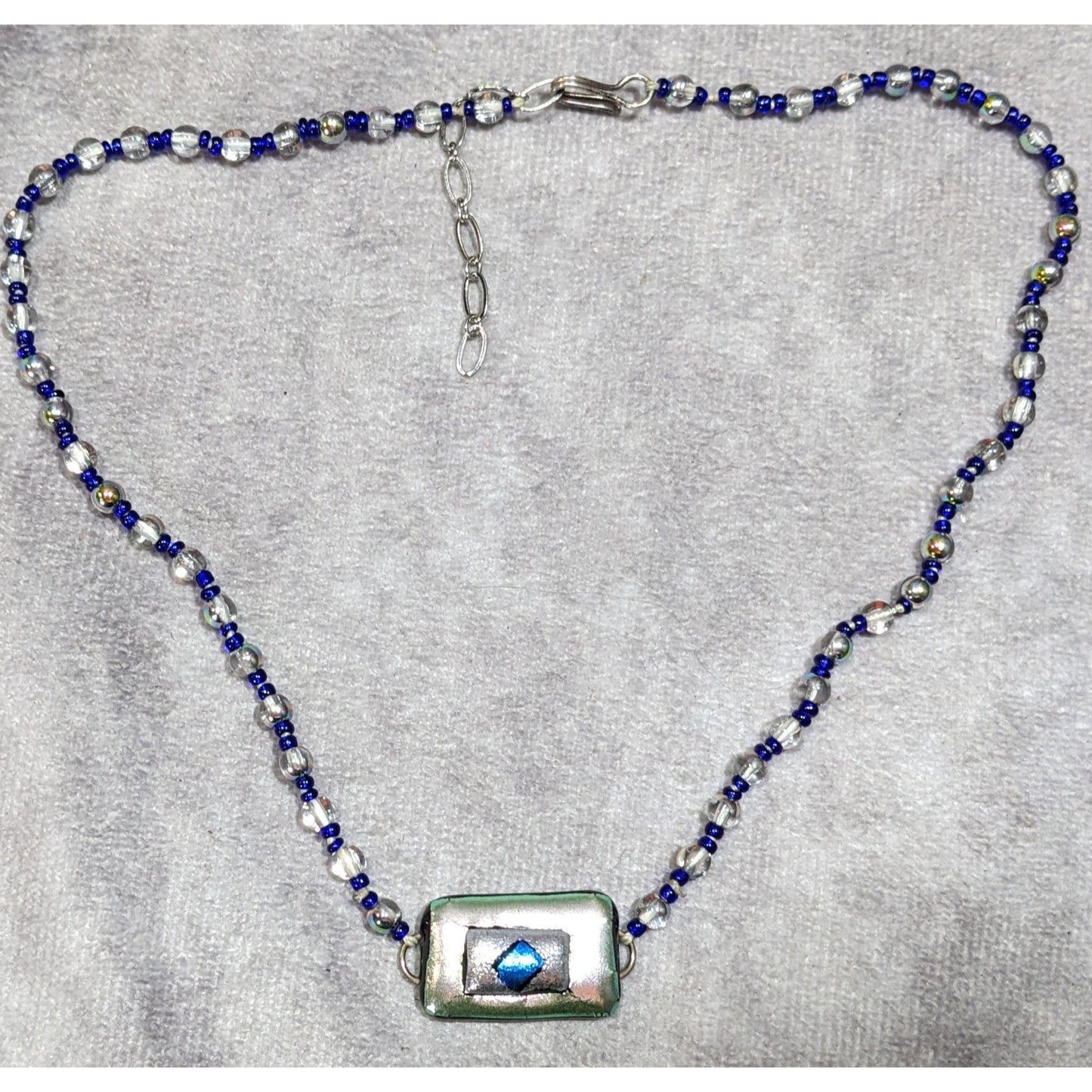 Handmade Dichroic Glass Blue And Silver Tone Necklace