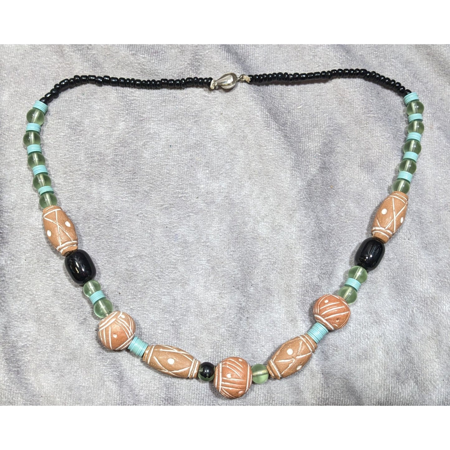 Vintage Handmade Rustic Clay And Glass Beaded Necklace