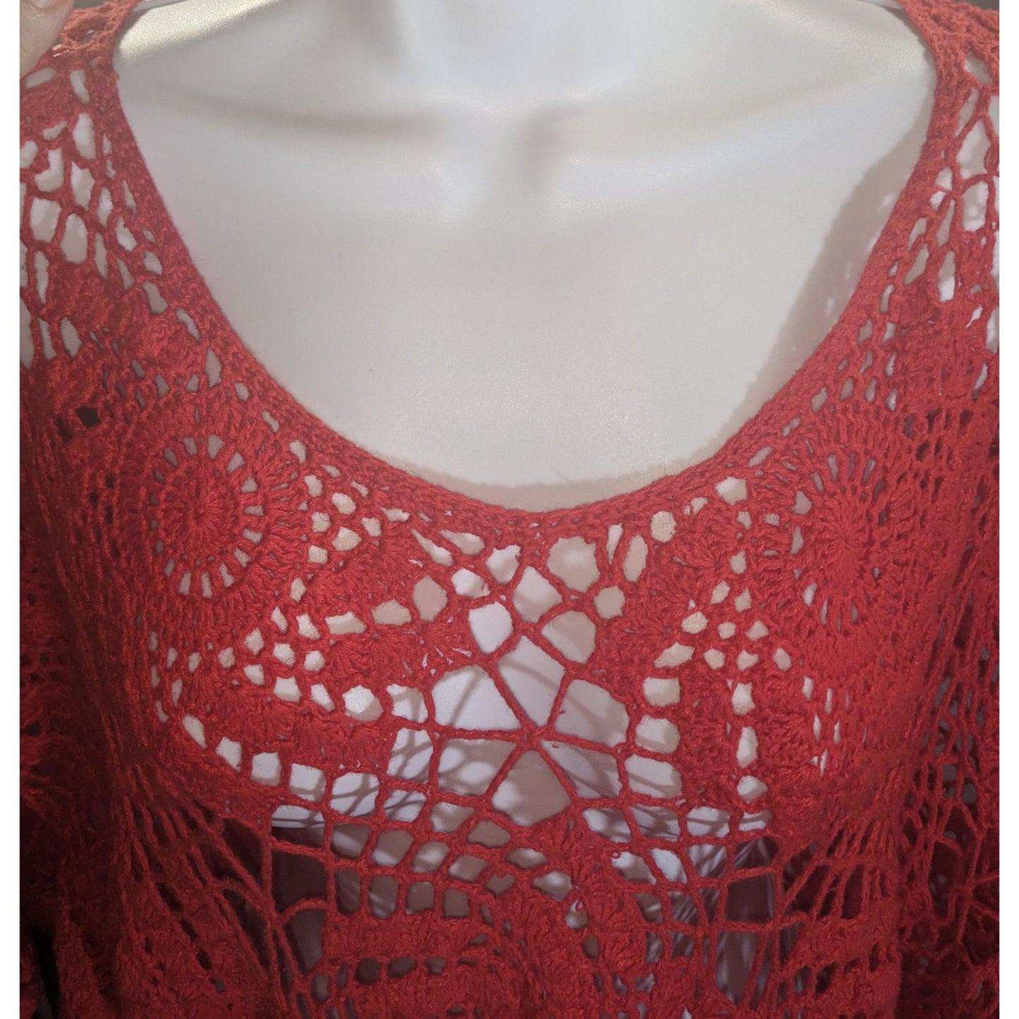 Denim 24/7 Crochet Floral Sweater Red Open Knit Boho Summer
