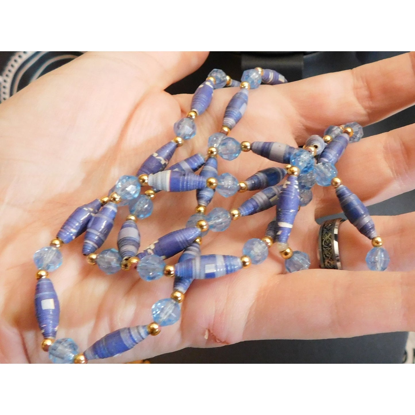 Handmade Blue Paper Wrap Bead Necklace With Gold Tone Accents