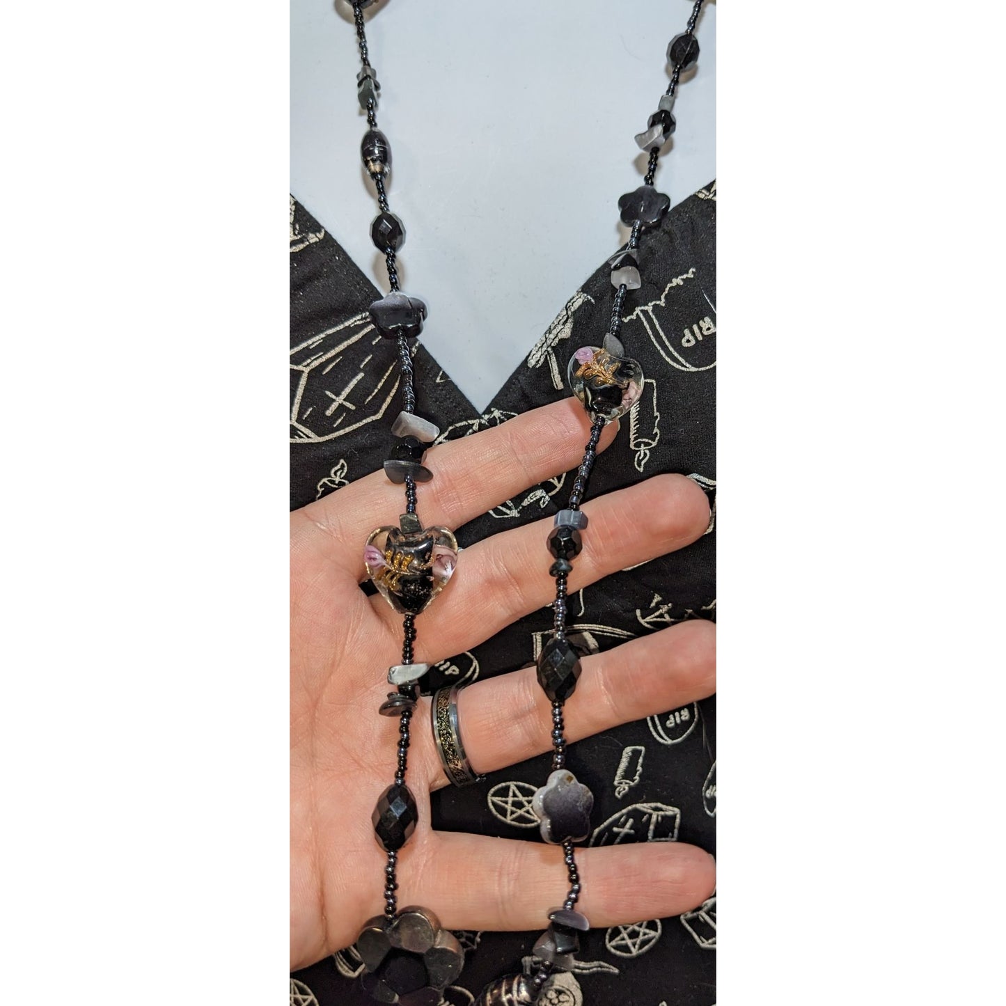 Gothic Glass Bead Necklace With Black & Floral Heart Accents