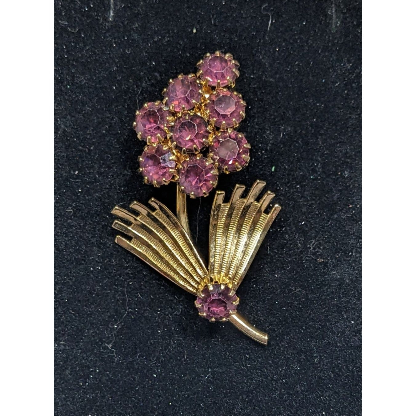 Vintage Purple And Gold Tone Floral Rhinestone Brooch