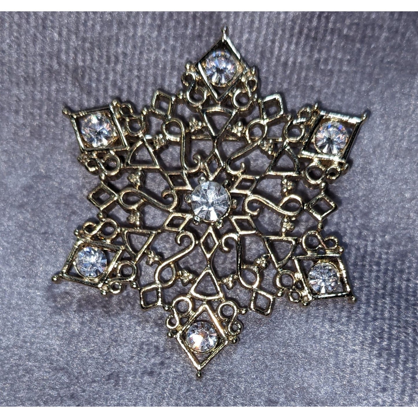 Vintage Gold Rhinestone Snowflake Brooch