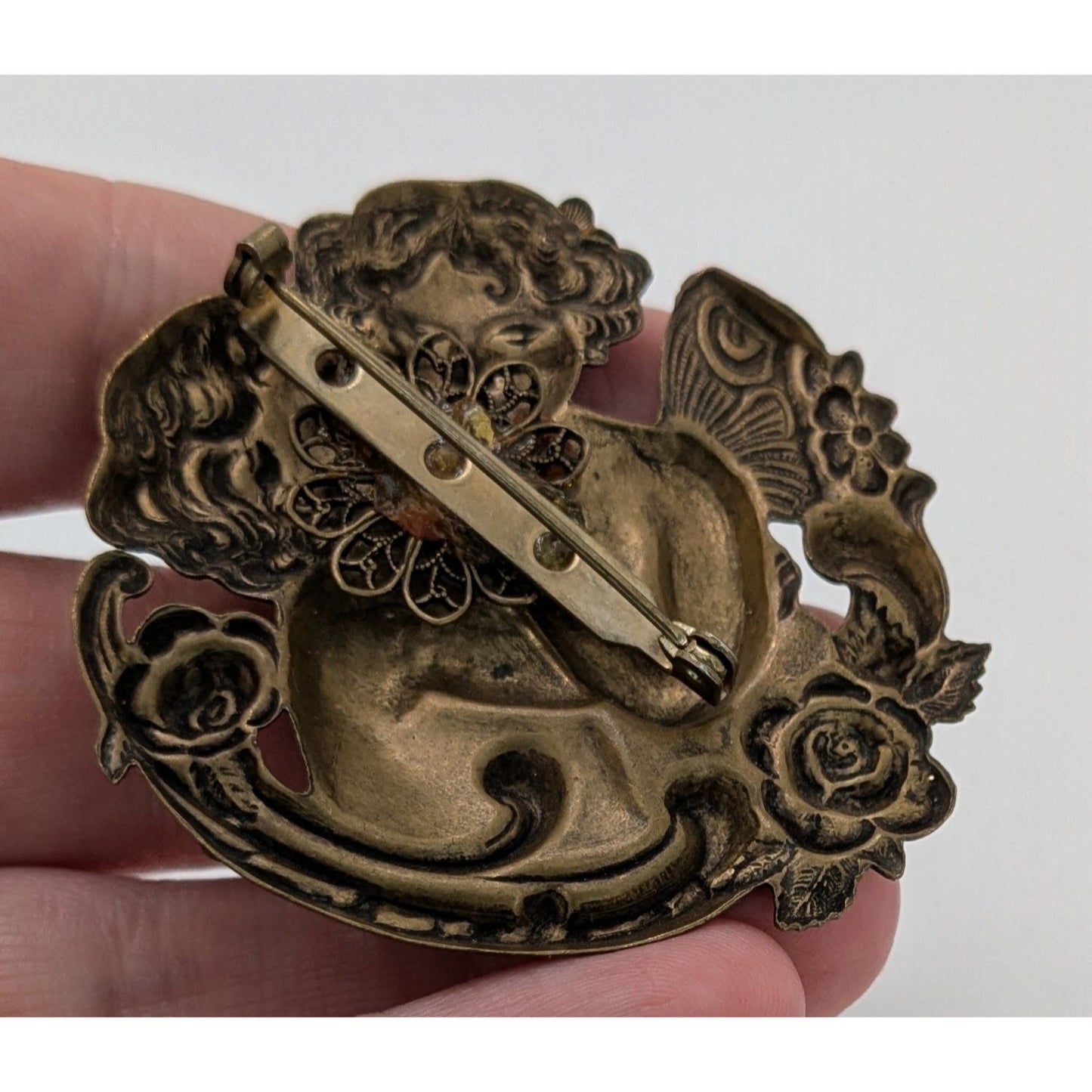 Vintage Victorian-Inspired Cherub Brooch With Rhinestones & Floral Accents