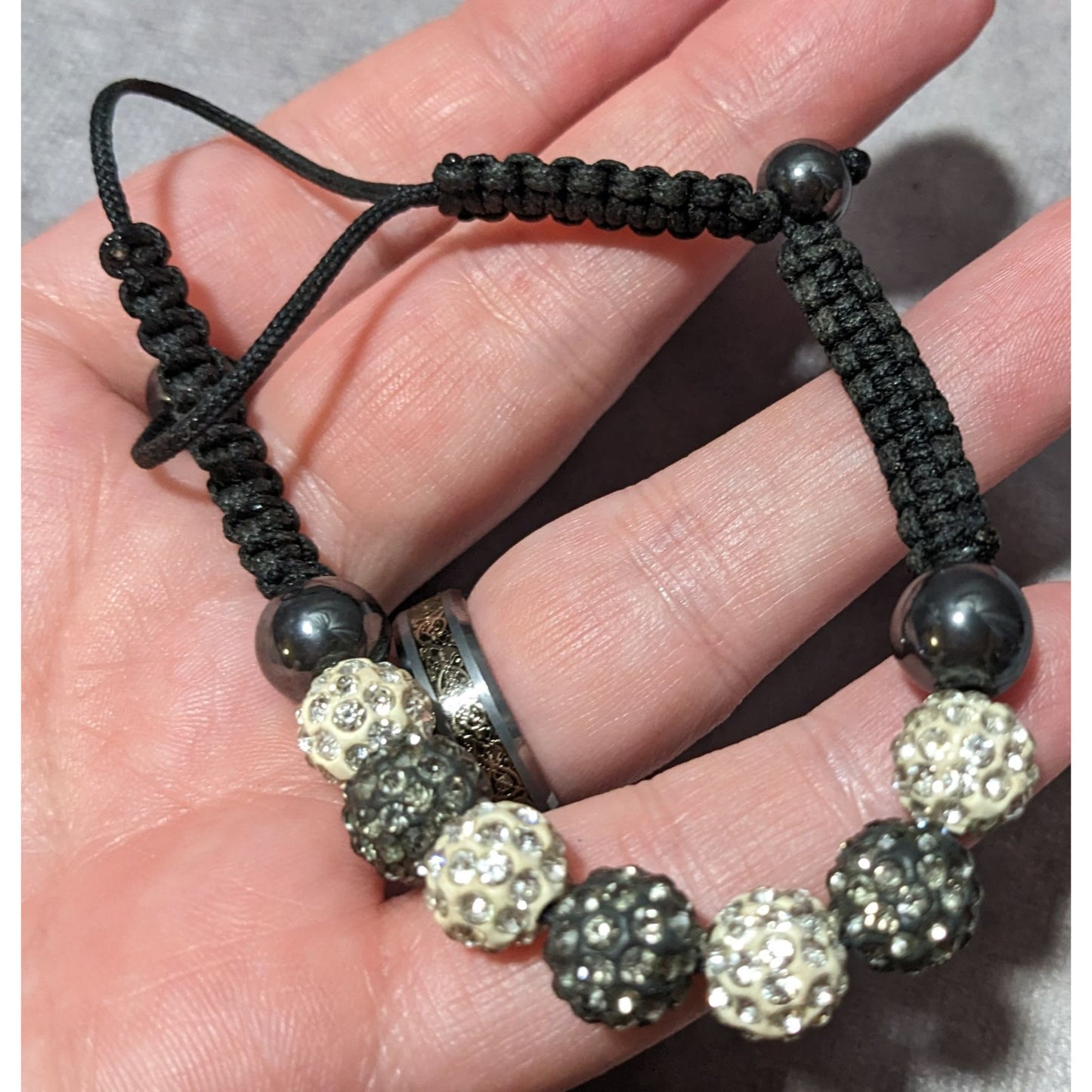 Rhinestone Hematite Beaded Macrame Bracelet