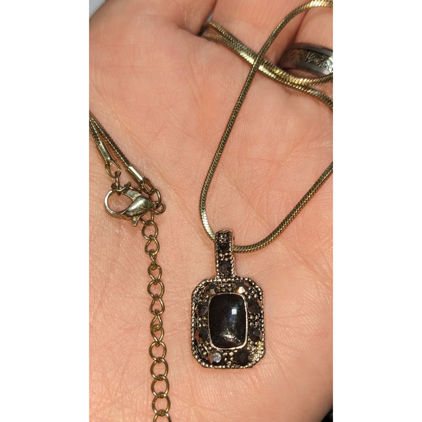 Gothic Marcasite Necklace With Black Stone Pendant