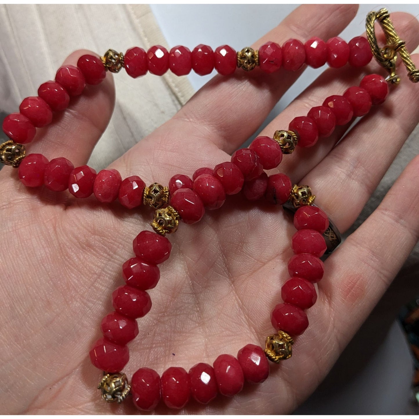 Vintage Handmade Faceted Thulite Beaded Necklace With Gold Tone Filigree Accents
