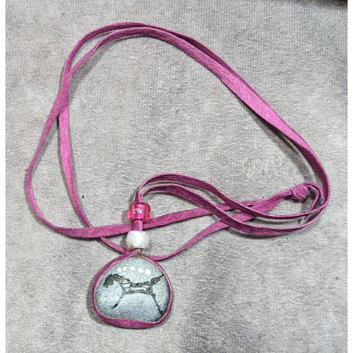 Native Hand Painted Mustang Rock Pendant Necklace With Purple Suede Cord