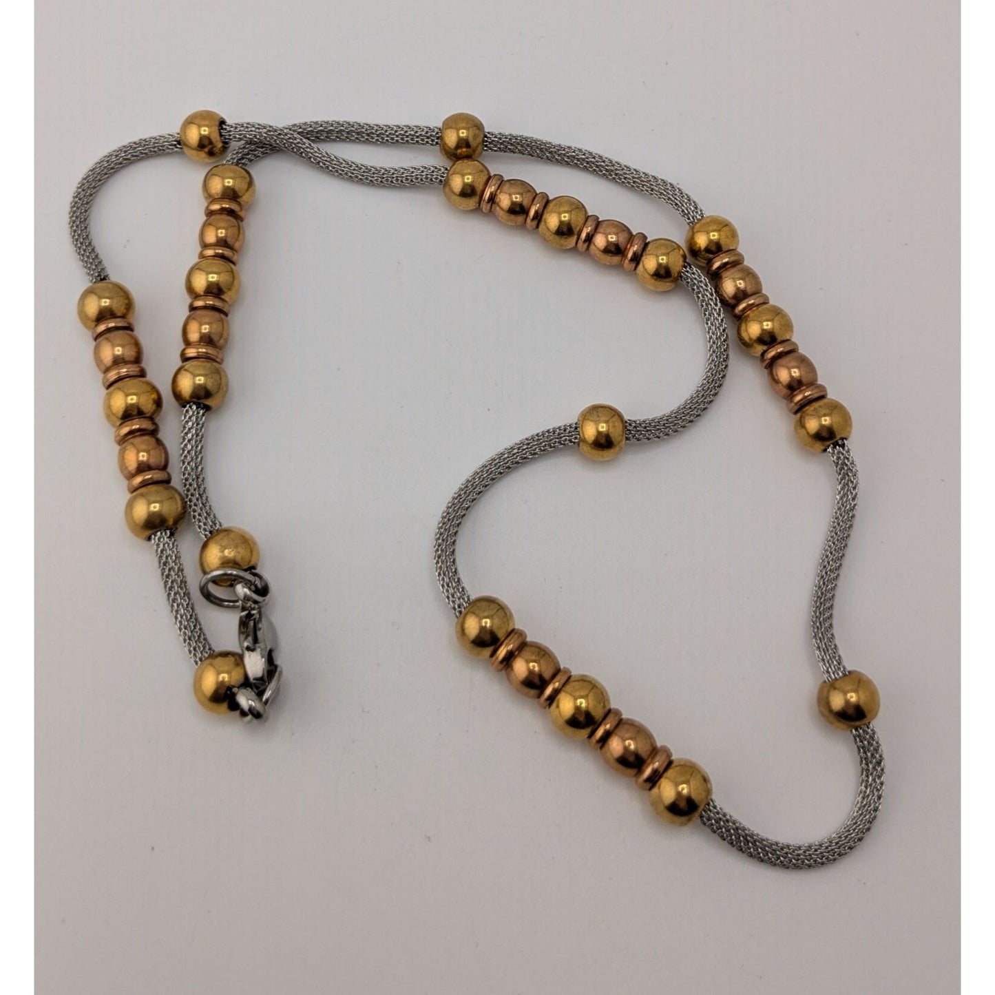Beaded Station Mesh Chain Necklace Gold Silver Two Tone Modern Elegant Jewelry
