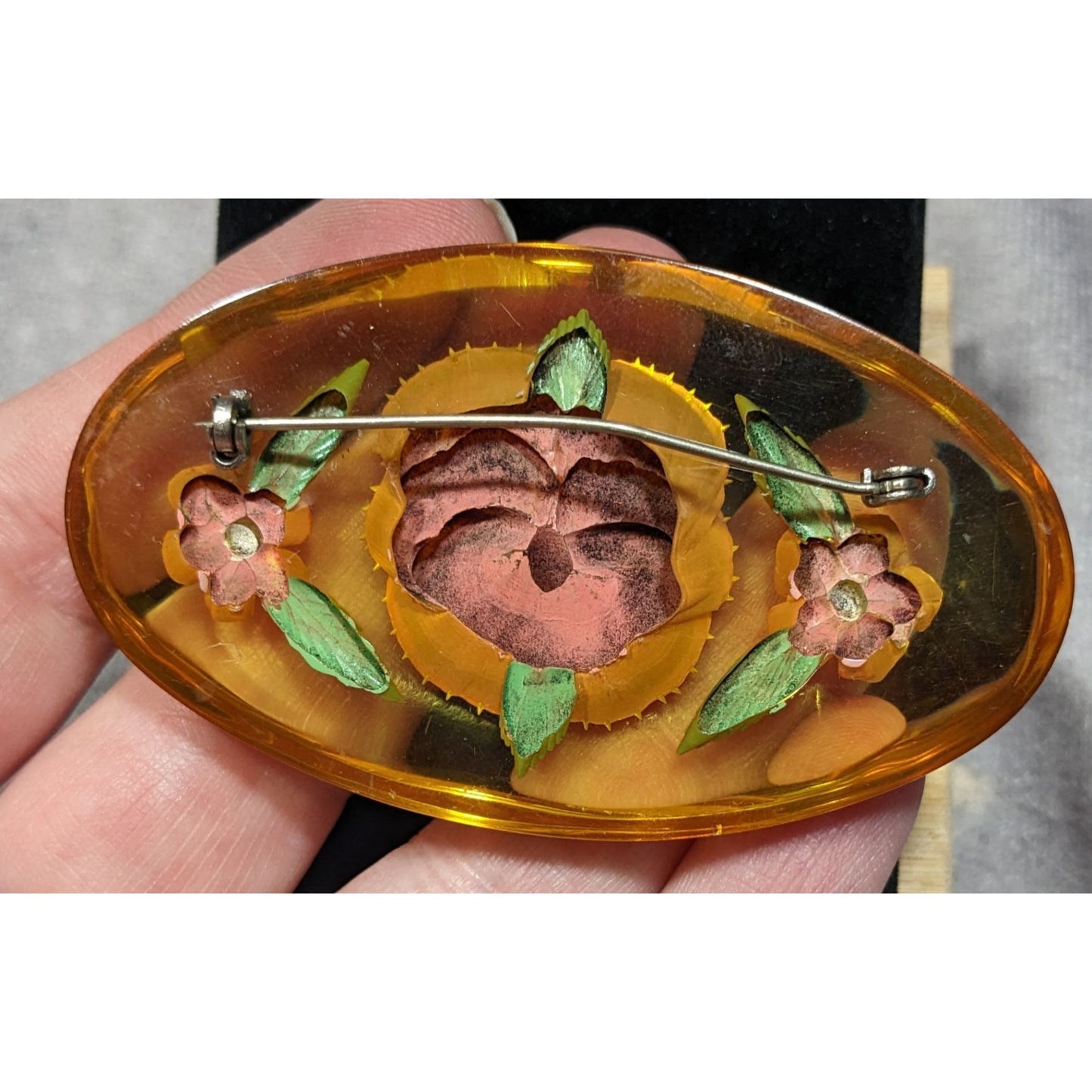 Vintage 1940s Floral Bakelite Reverse Carved Large Brooch