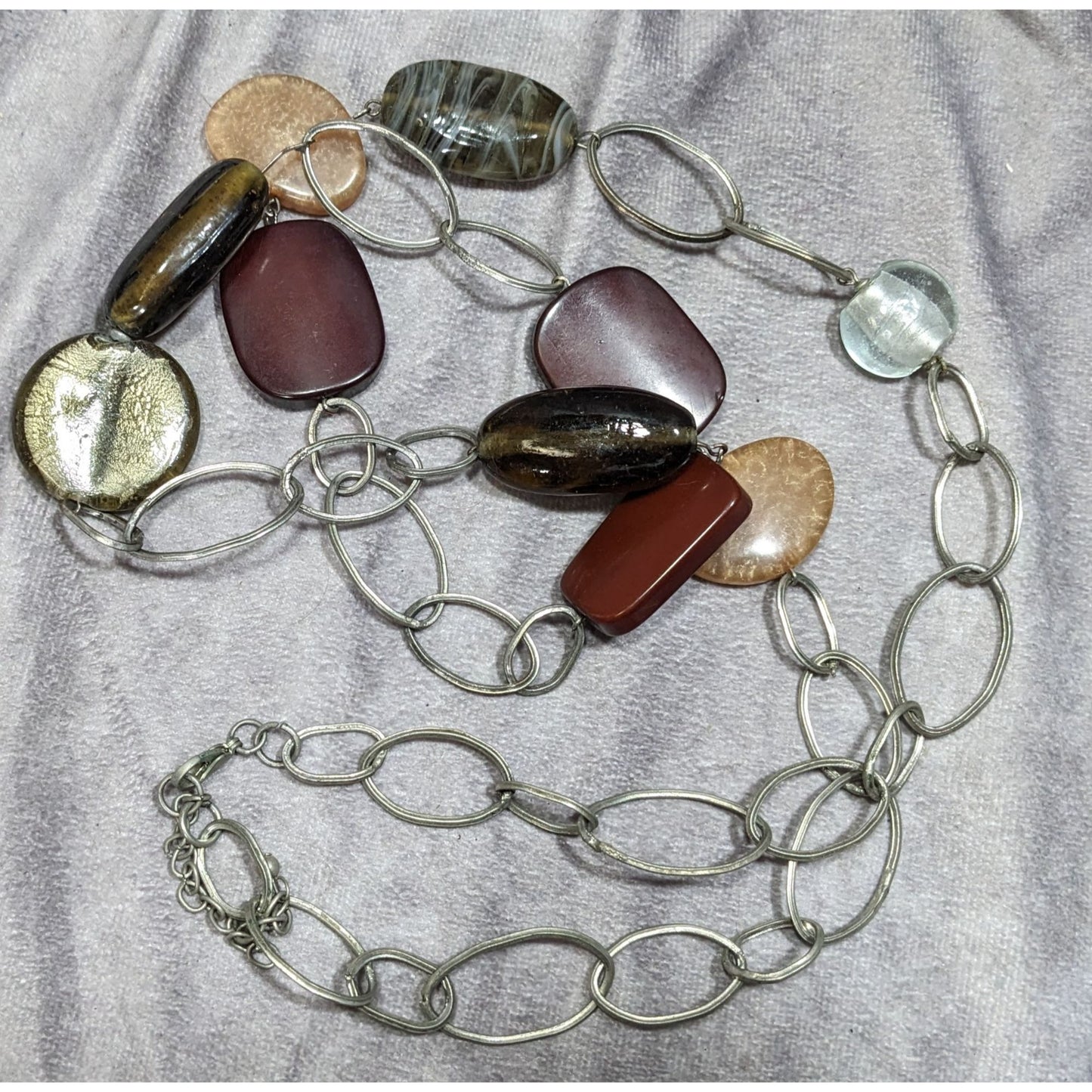 Chunky Retro Earth Tone Long Silver-Tone Chain Necklace With Multicolor Glass And Wood