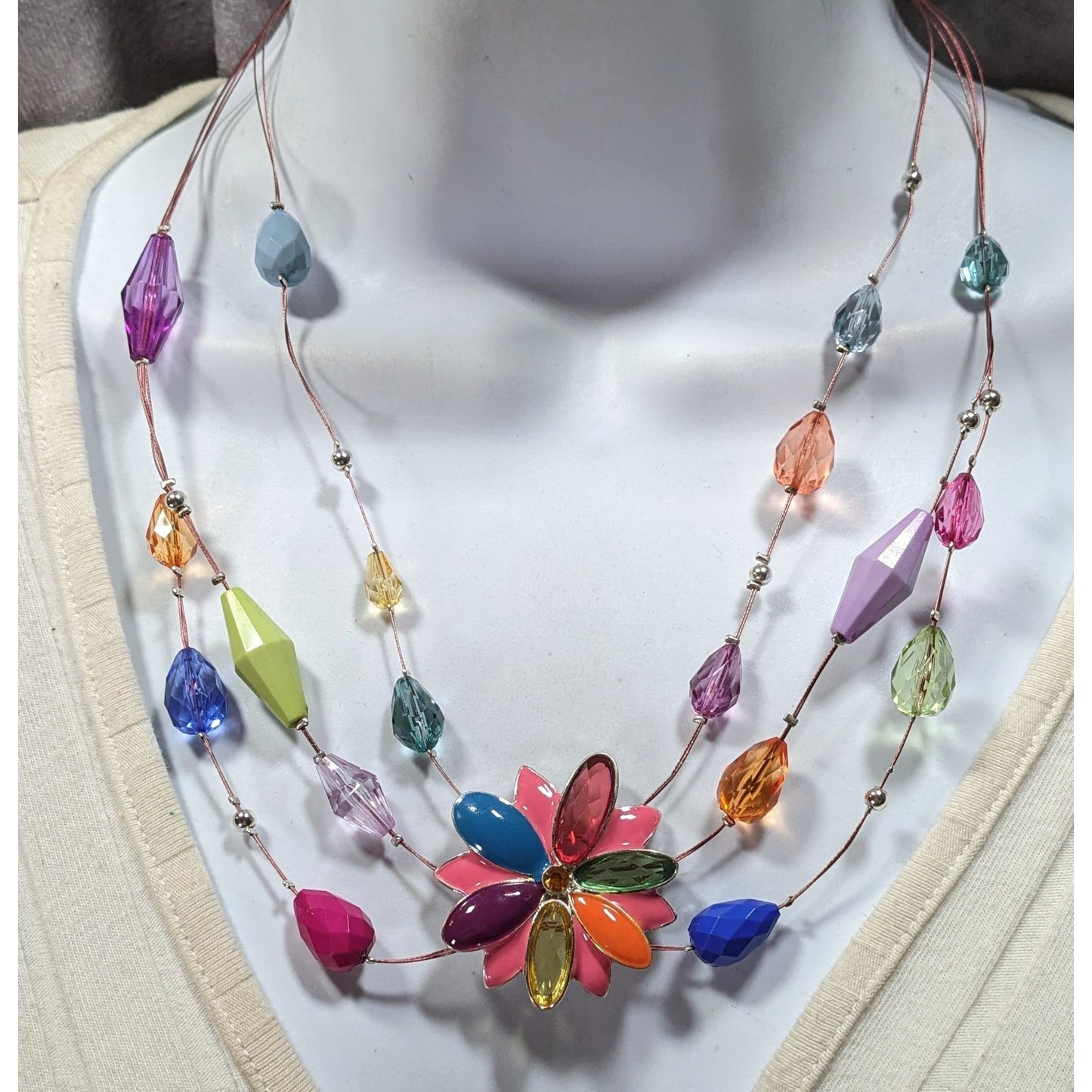 Rainbow Floral Enamel And Rhinestone Layered Beaded Necklace