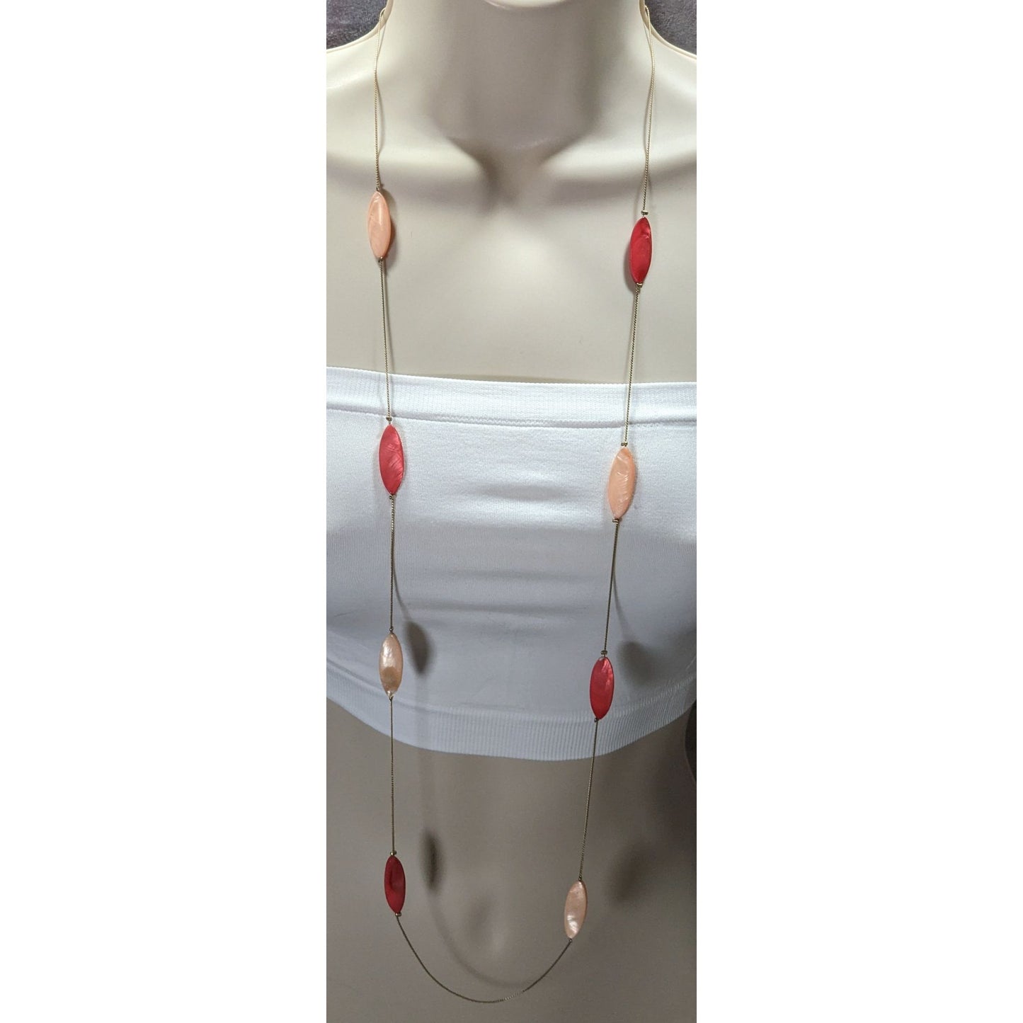 Vintage Mother Of Pearl Pink Dyed Station Necklace On Gold Tone Chain