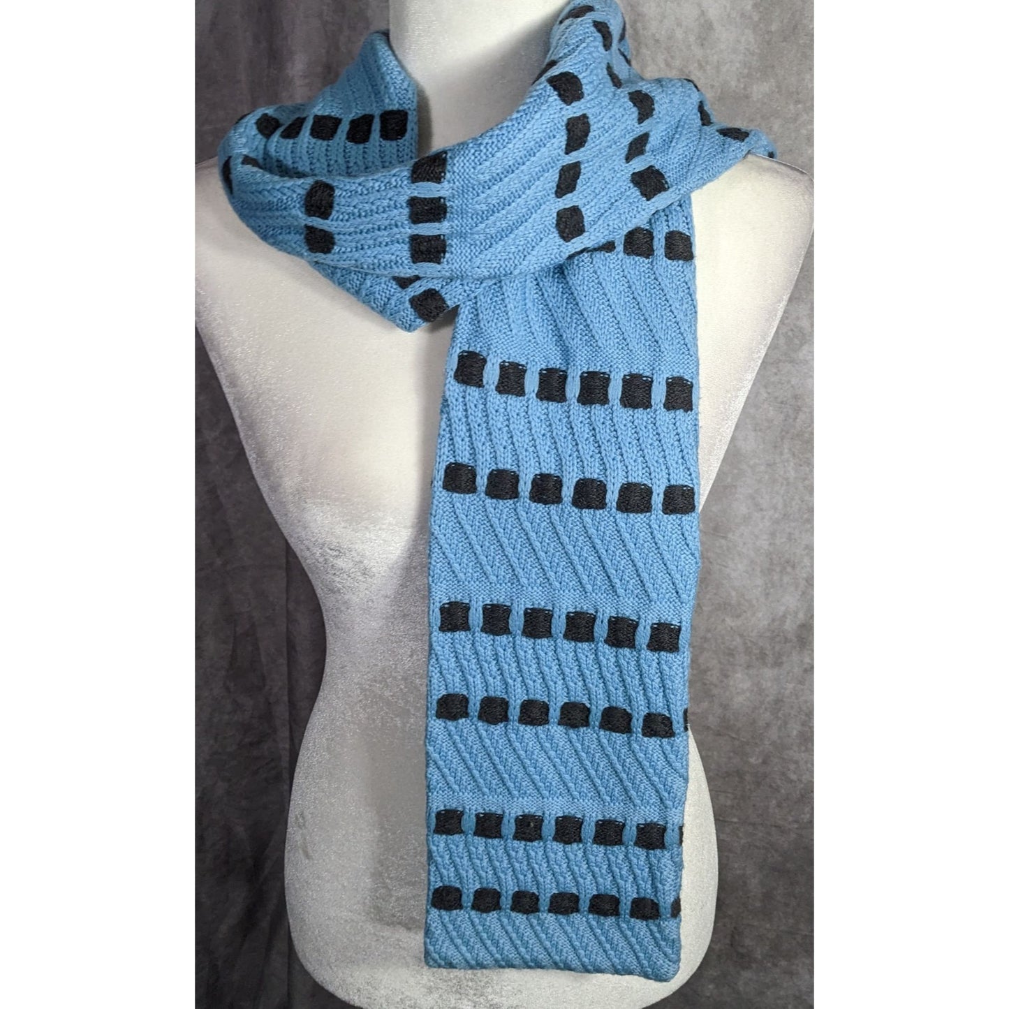 St. John Sport By Marie Gray Blue Knit Scarf With Black Square Pattern 59x6 Inches