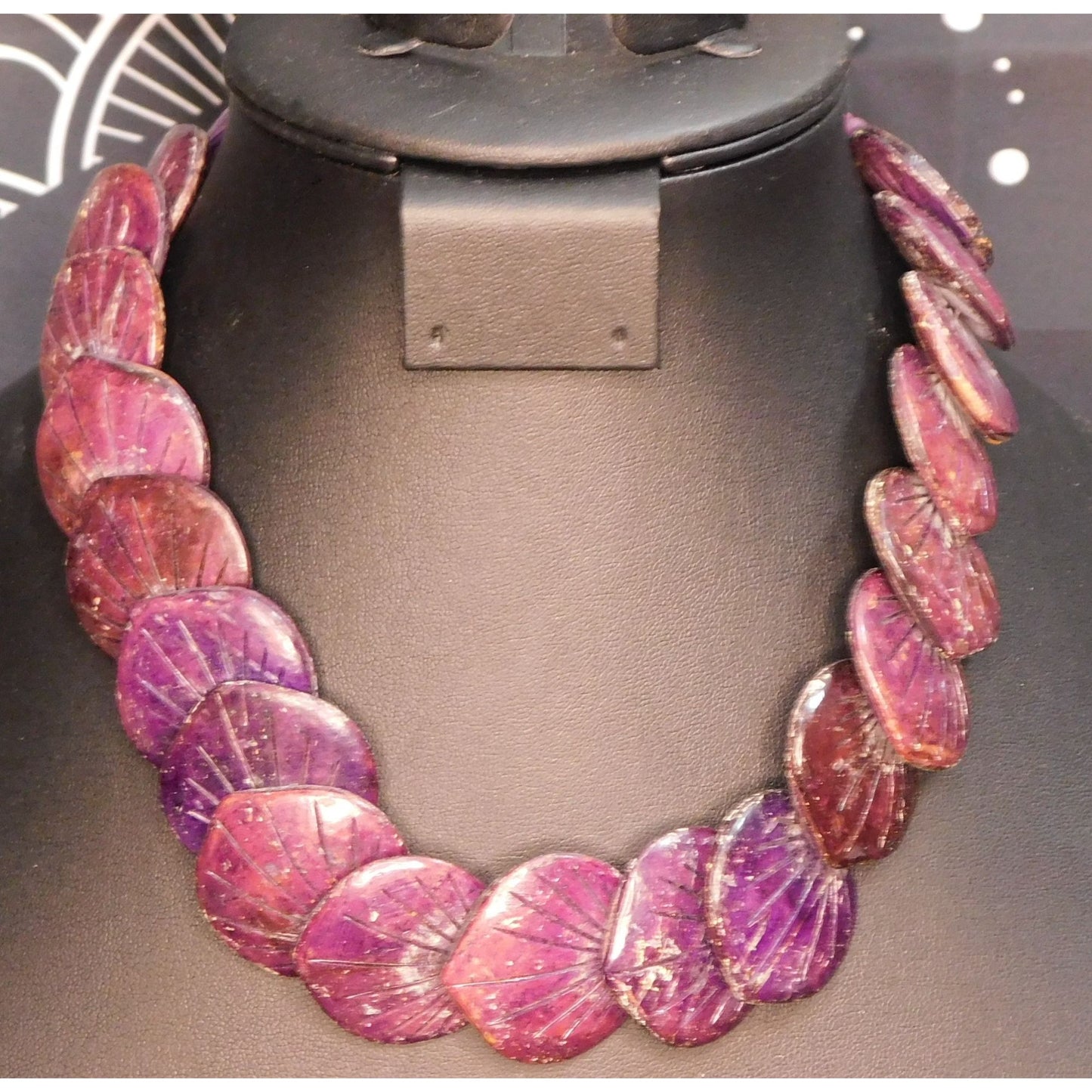 Vintage Carved Wood Lotus Leaf Purple Dyed Necklace