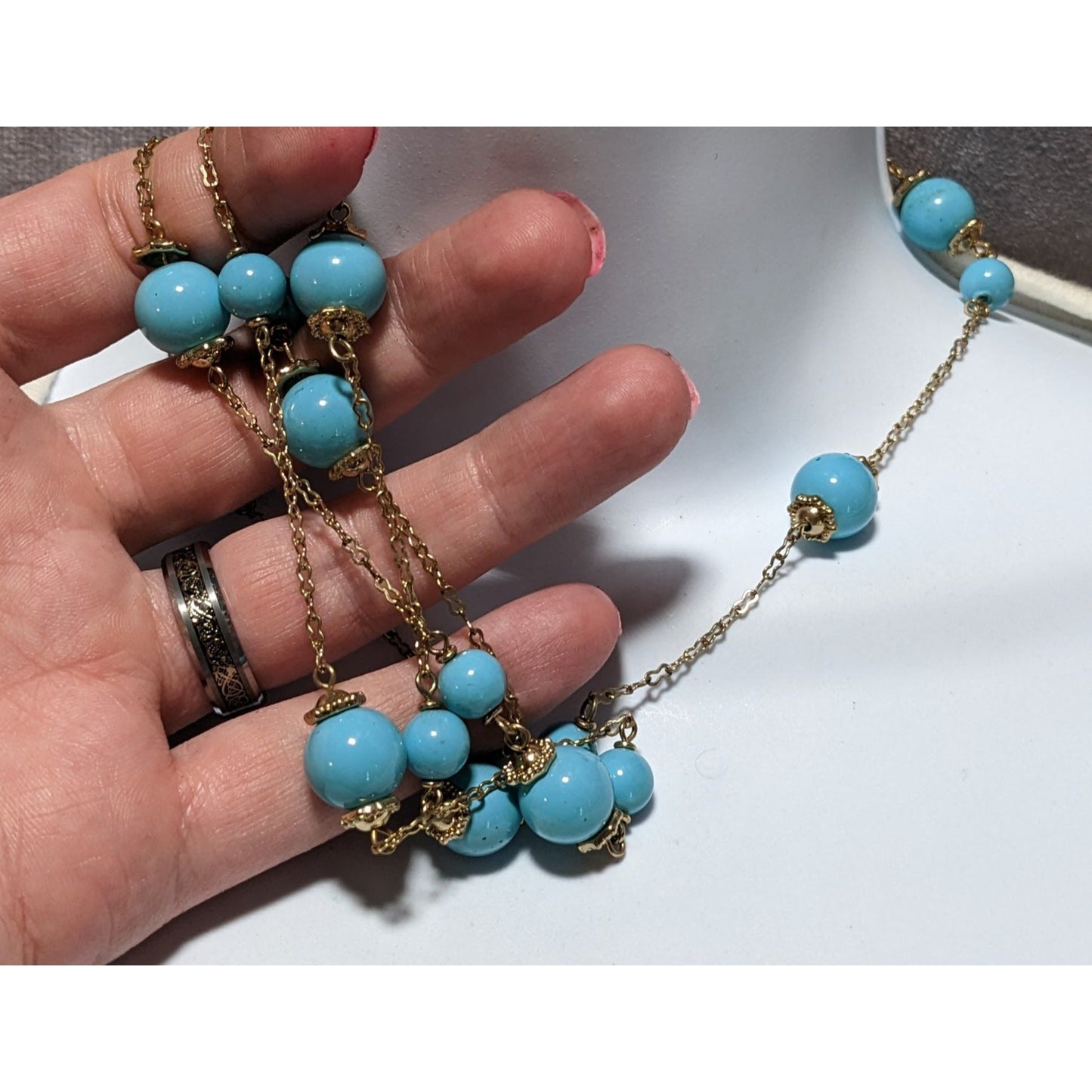 Blue And Gold Beaded Chain Necklace