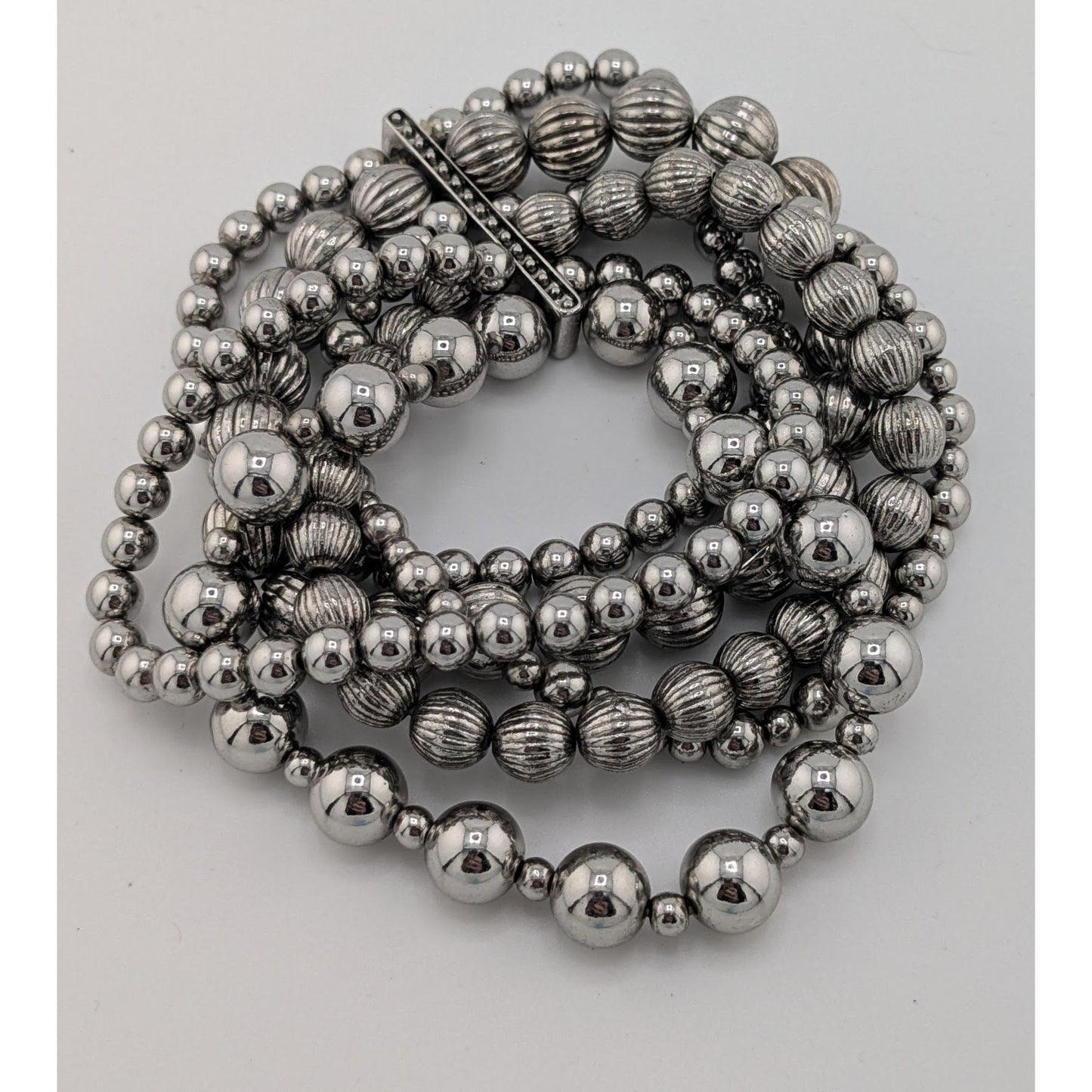 Metal Glam Silver Tone Layered Beaded Stretch Bracelet