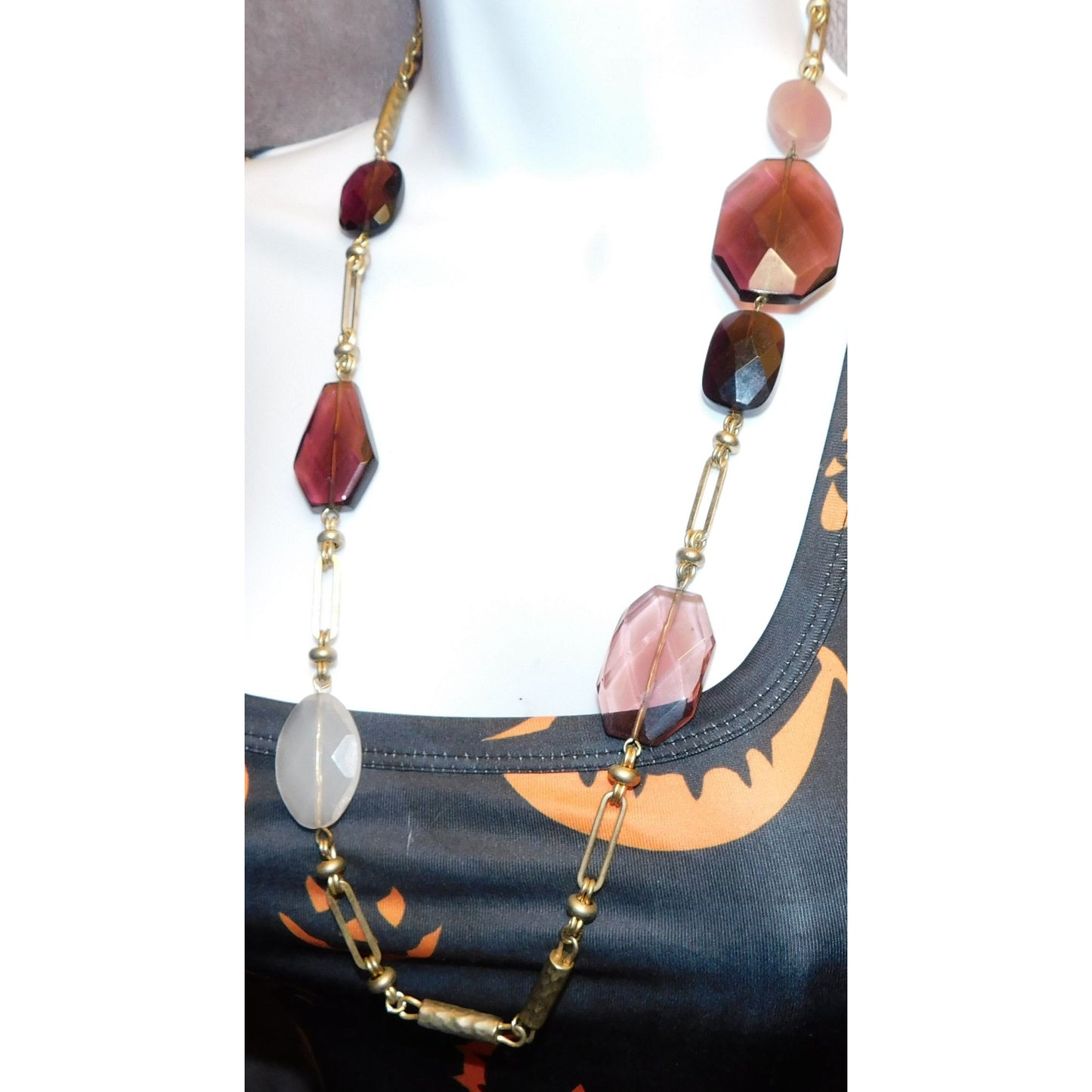 Purple White And Gold Tone Gemmed Station Necklace