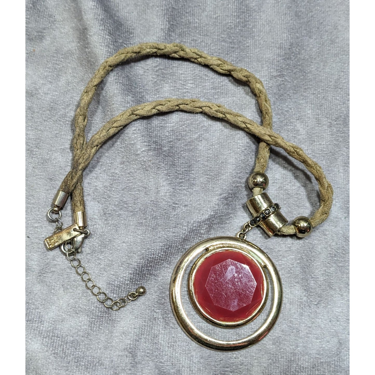 INC Red Gemmed Medallion Necklace On Tan Suede Braided Cord