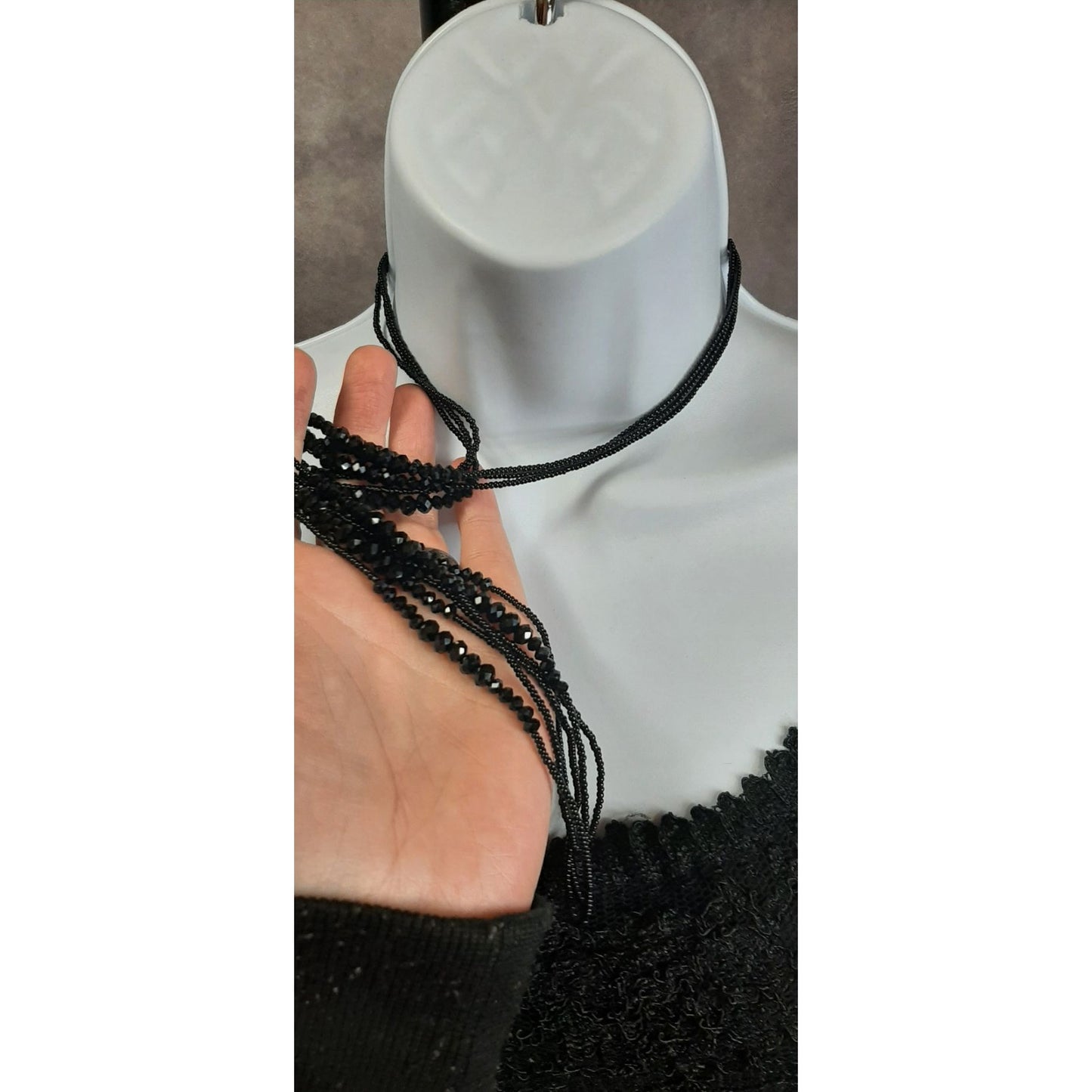 Glam Goth Black Multi-Strand Beaded Necklace With Faceted Beads