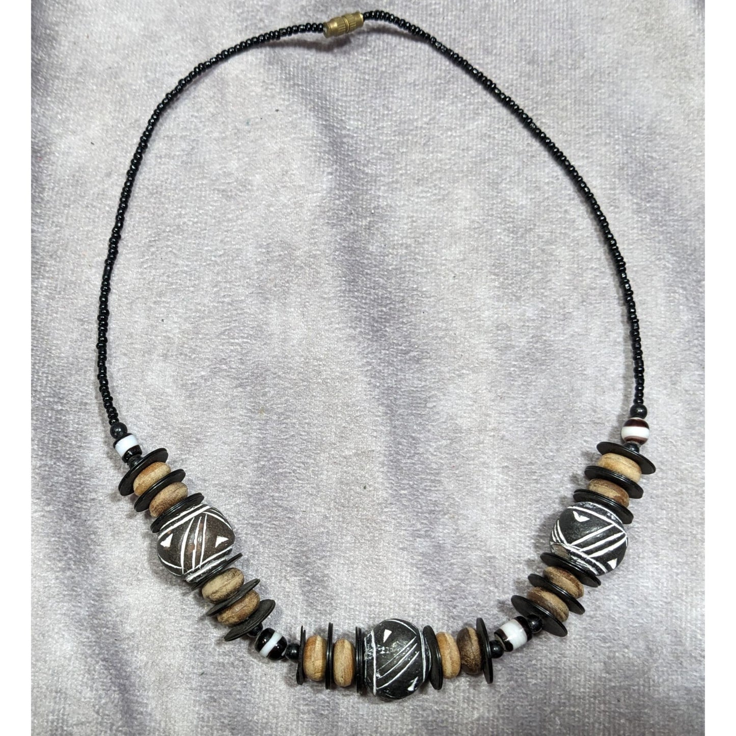 Chunky Rustic Tribal Black And Tan Beaded Necklace