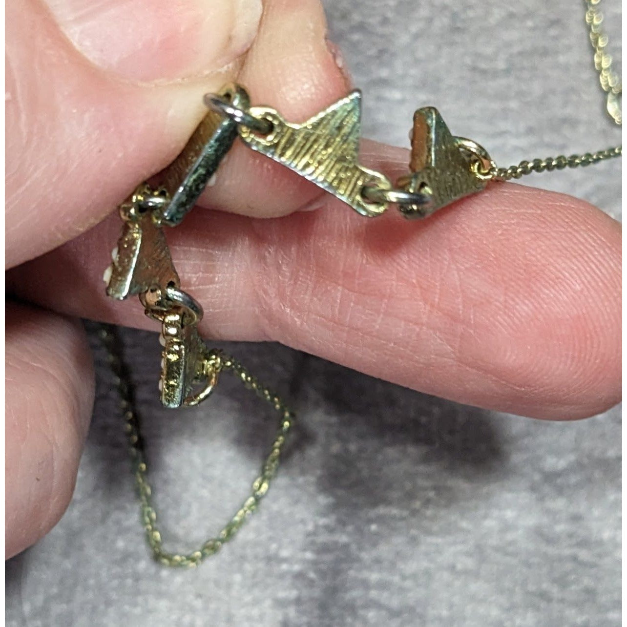 Dainty Five Triangle Pendant Necklace With Cream Beaded Accents & Adjustable Chain