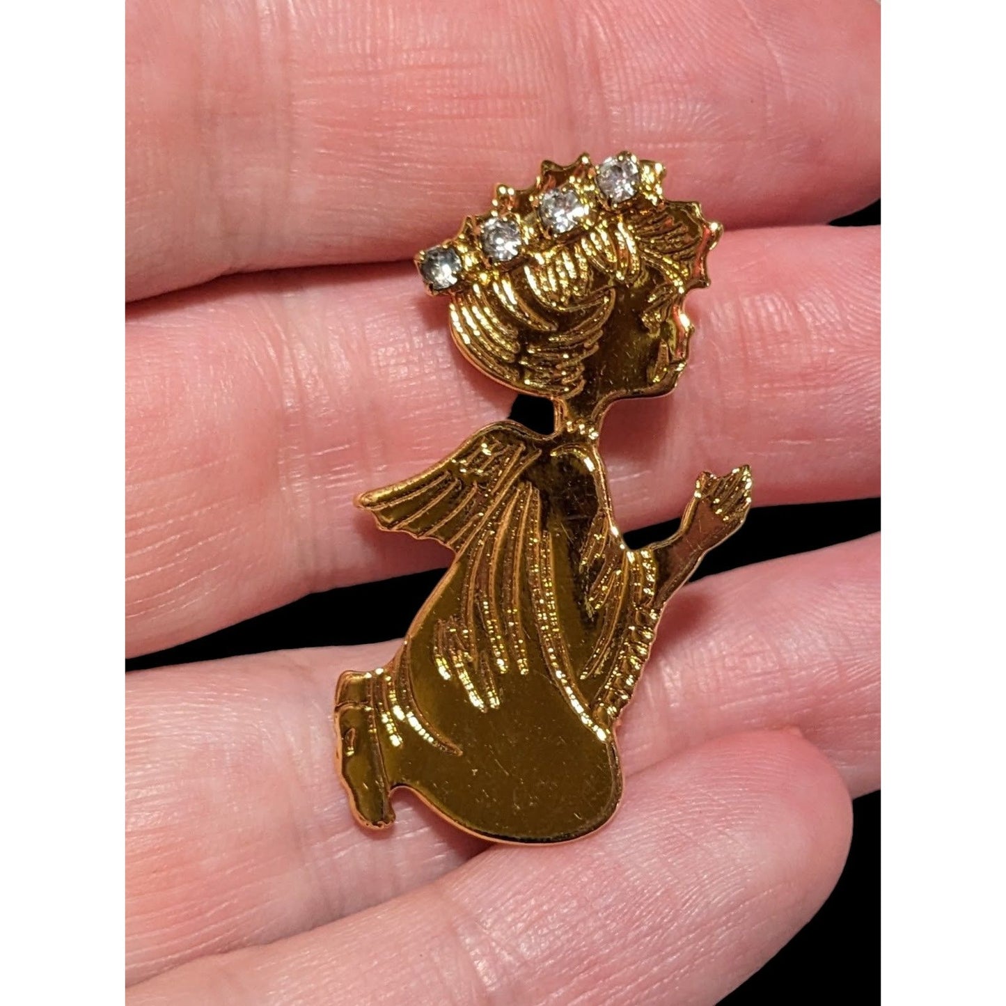 Vintage Gold Clear Rhinestone Angel Brooch