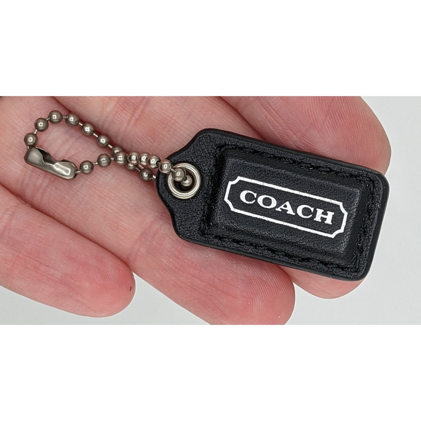 Coach Black Leather Bag Charm Keychain With Silver Lettering
