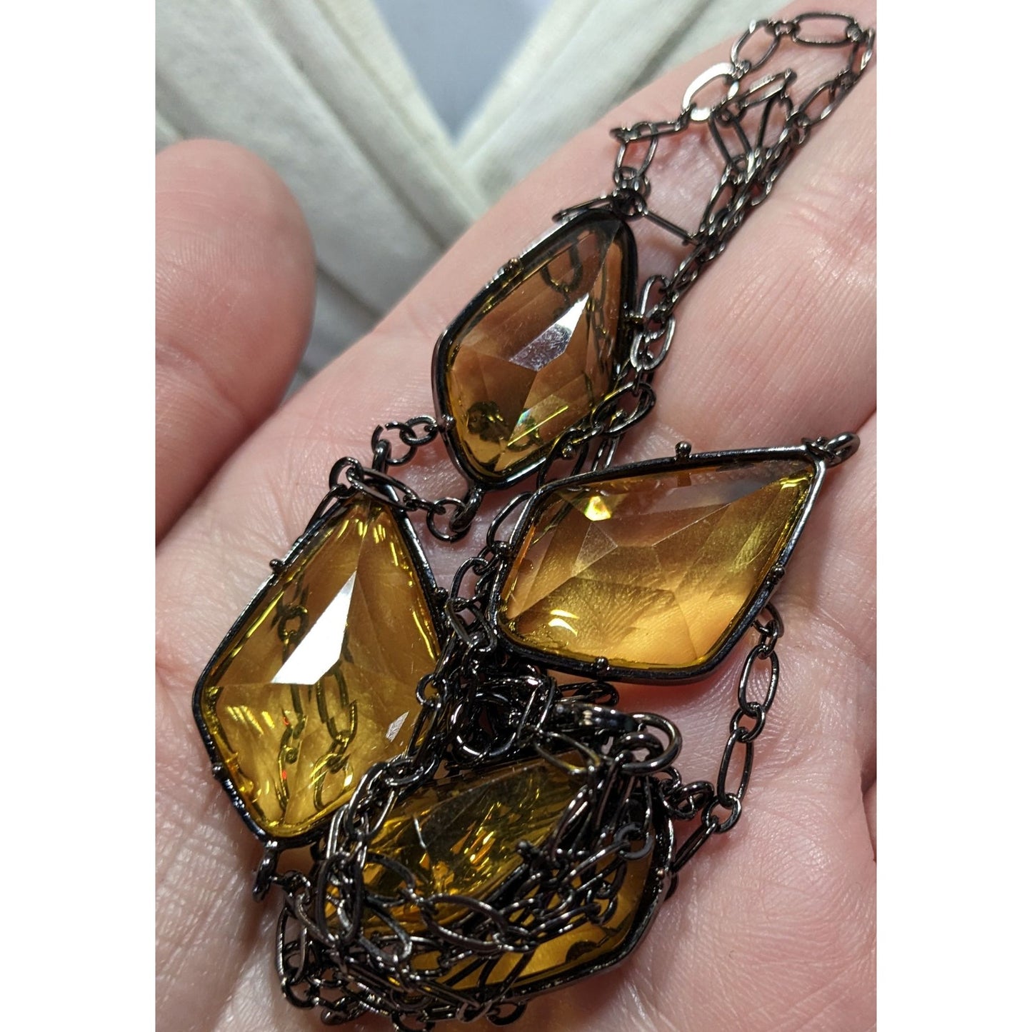 Yellow Station Long Chain Necklace With Faceted Stones & Black Metal Links