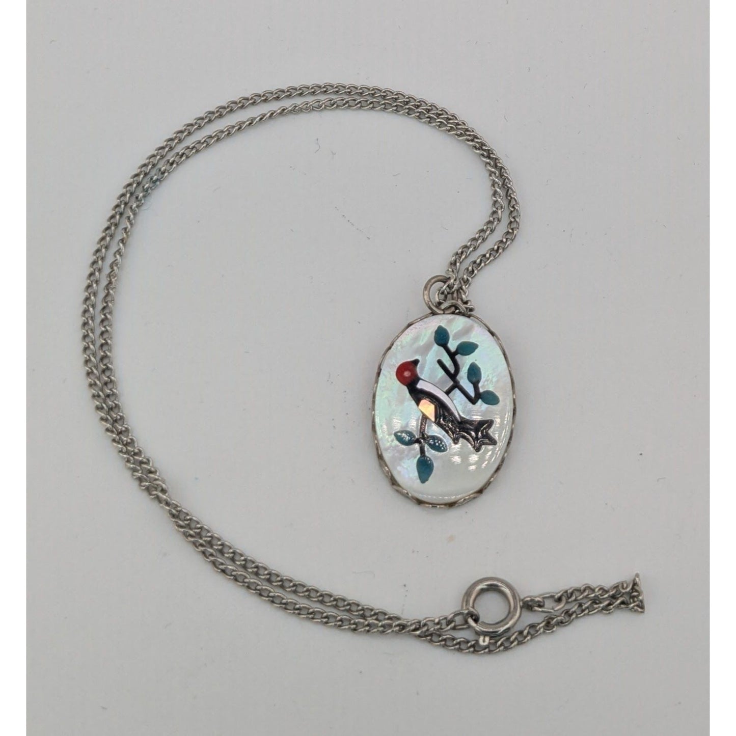 Vintage Artisan Mother Of Pearl Necklace With Bird & Branch Design