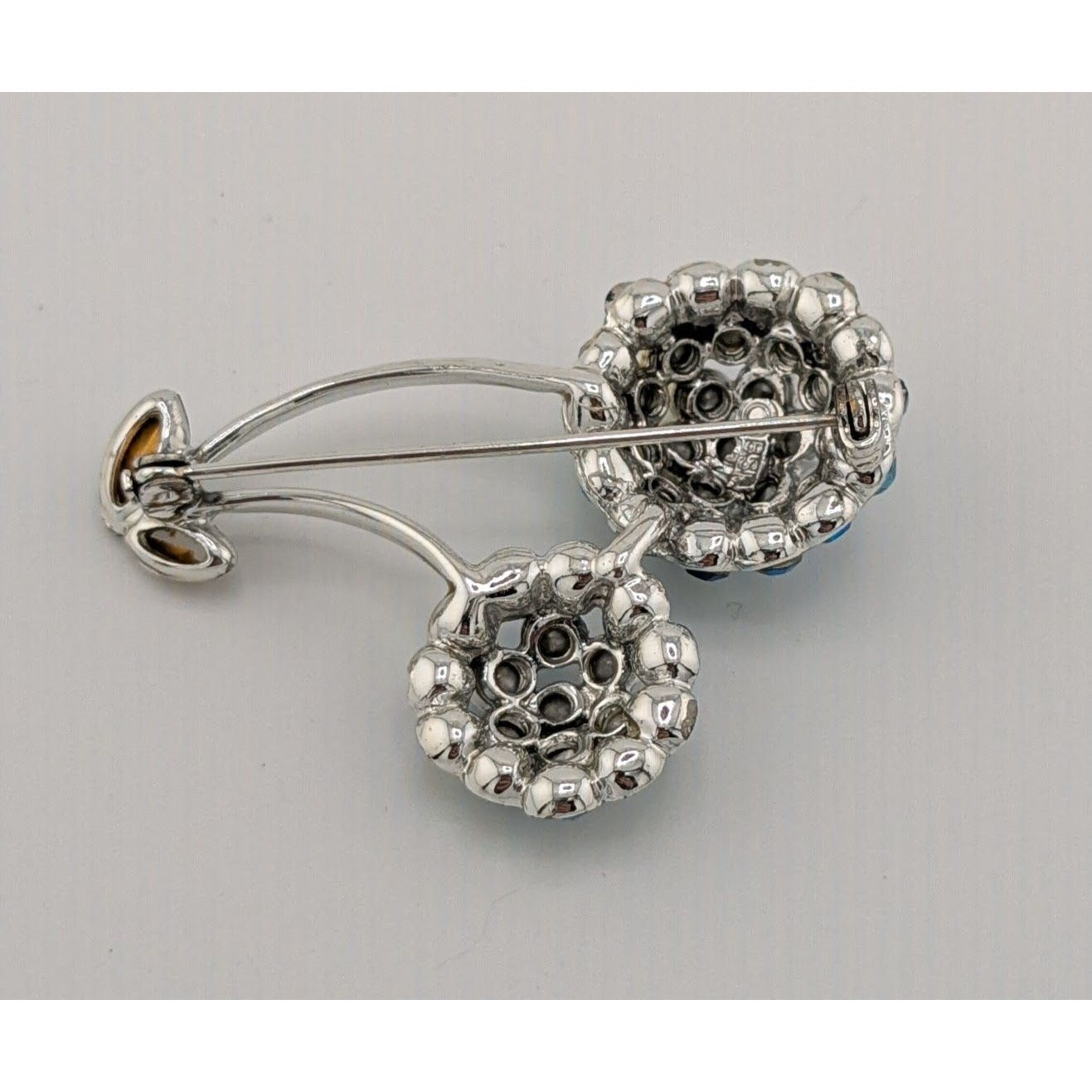 Vintage Rockabilly BSK Cherry Figural Brooch Silver Tone With Blue Rhinestones