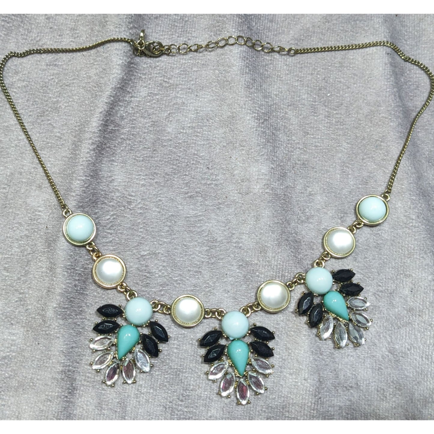 Liz Claiborne Art Deco Style Gold-Tone Necklace With Turquoise Black & Clear Gem Accents