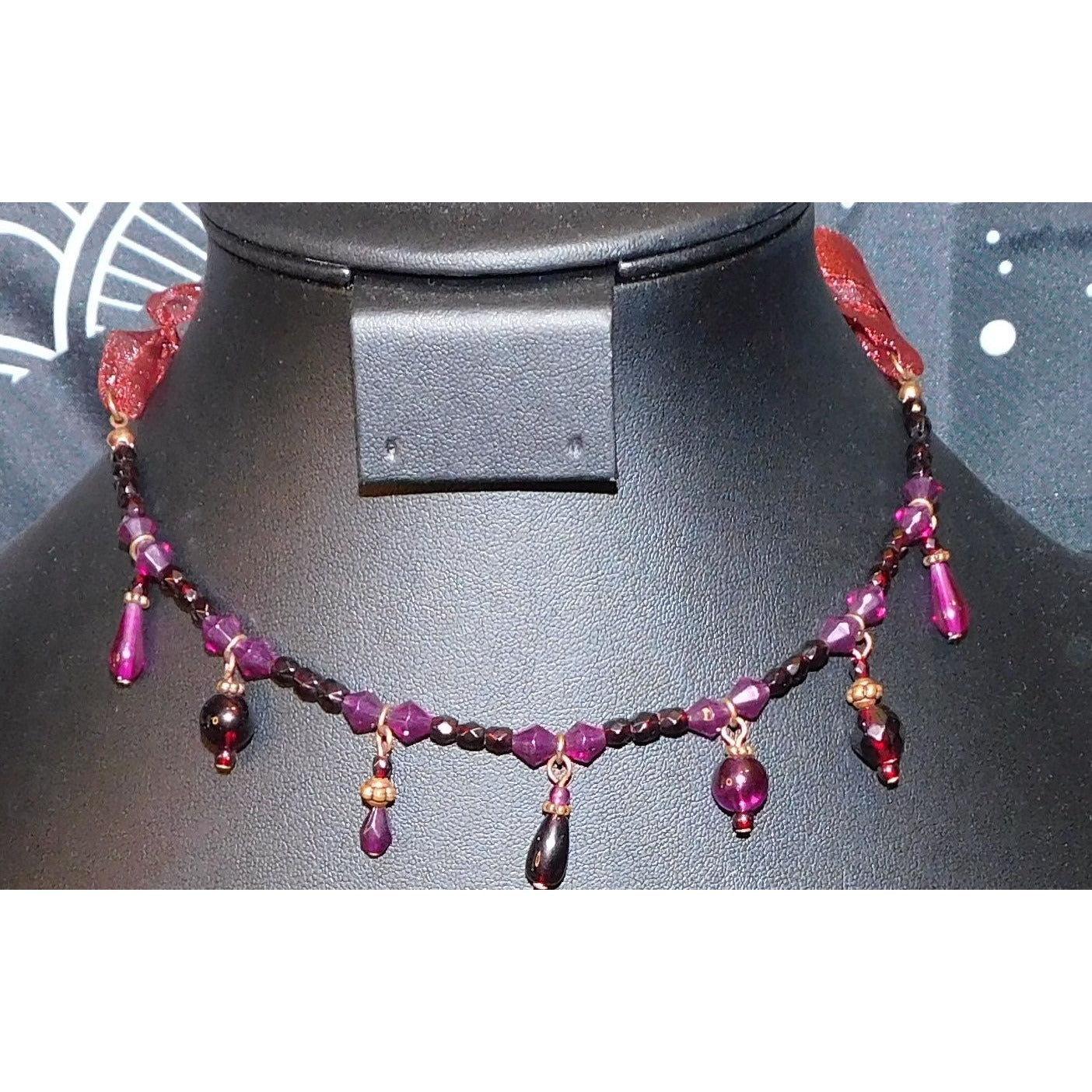 Handmade Gothic Red And Purple Tie On Beaded Necklace