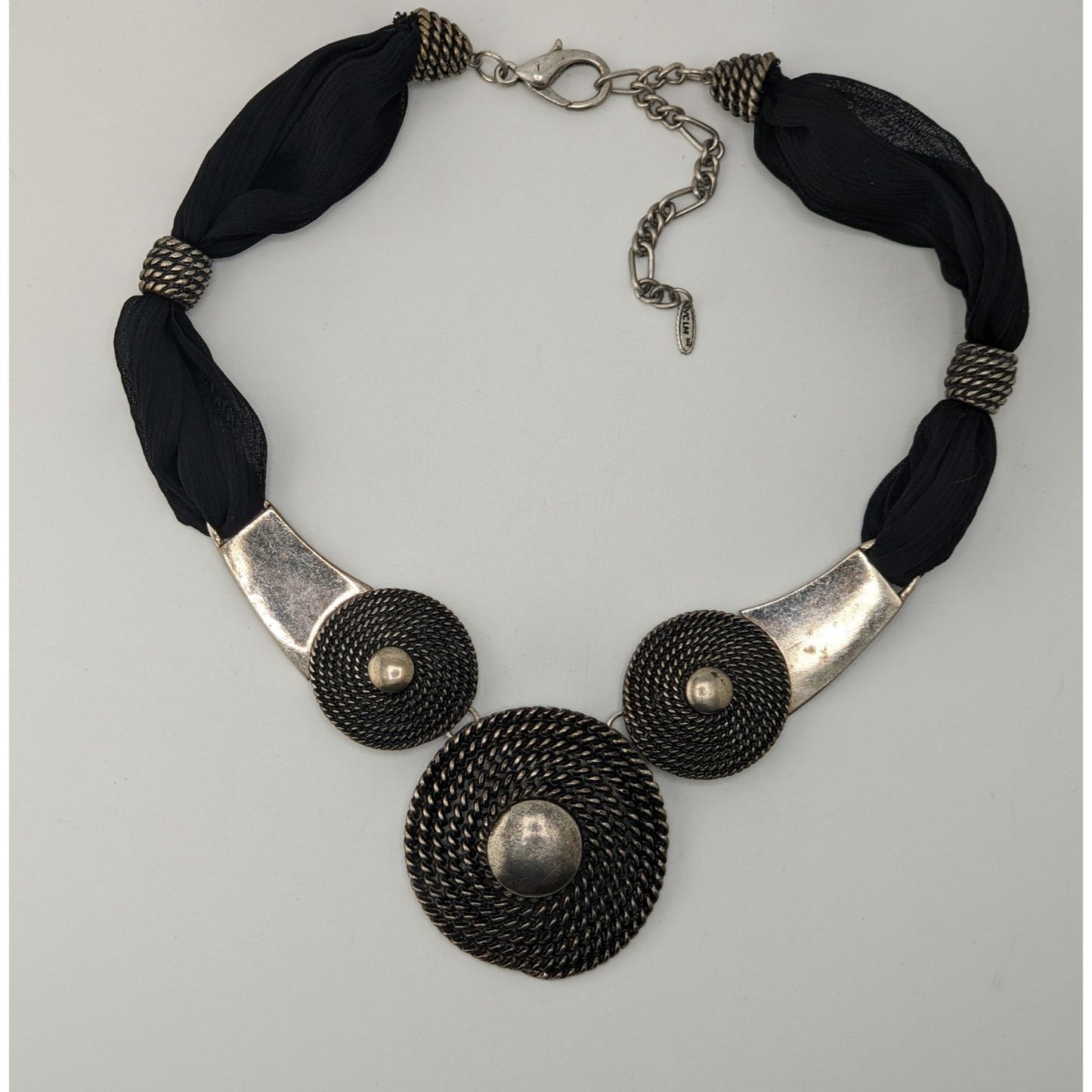 Goth 90s Brutalist VCLM Statement Necklace Black Silver Tone Mesh Disc Collar