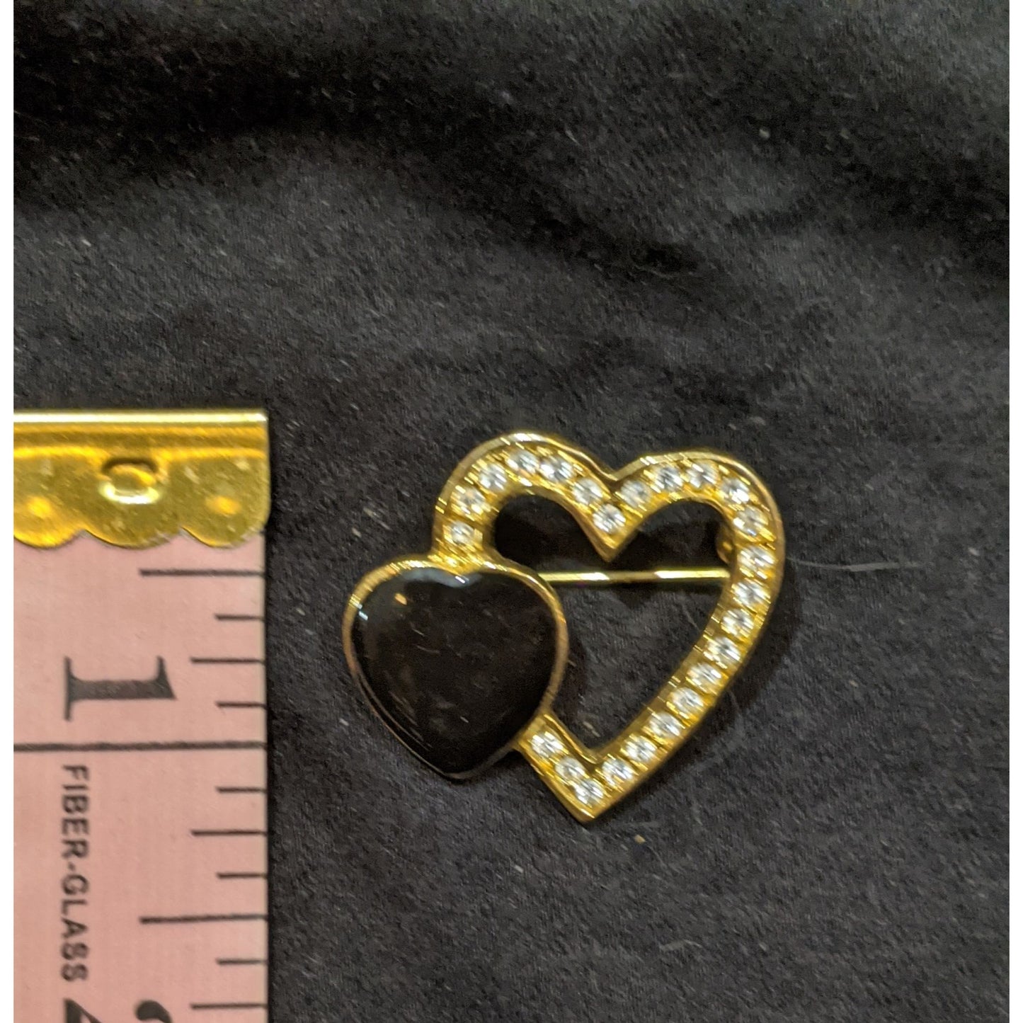 Gold Tone And Black Double Heart Rhinestone Brooch