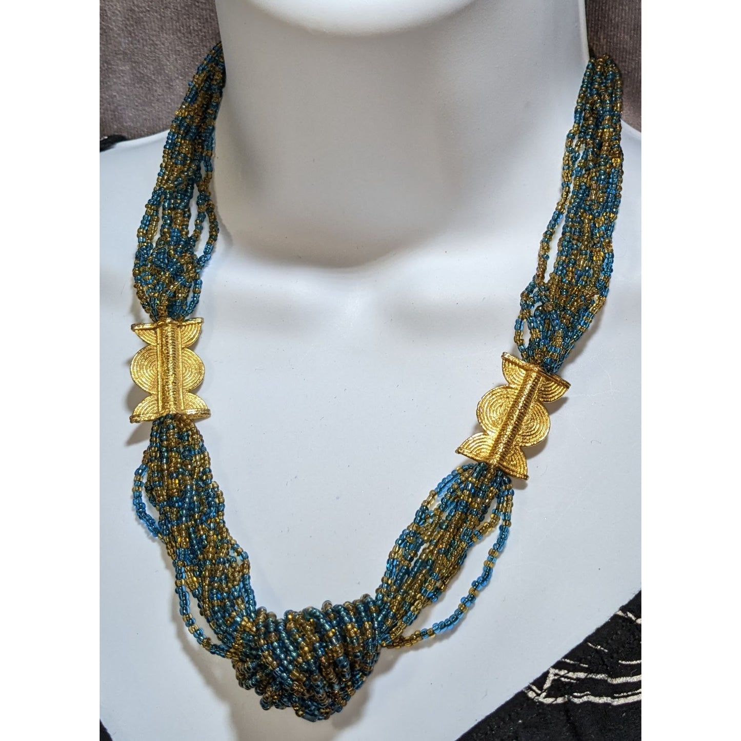 Layered Blue Gold Glass Beaded Necklace Midcentury Regal Statement Jewelry