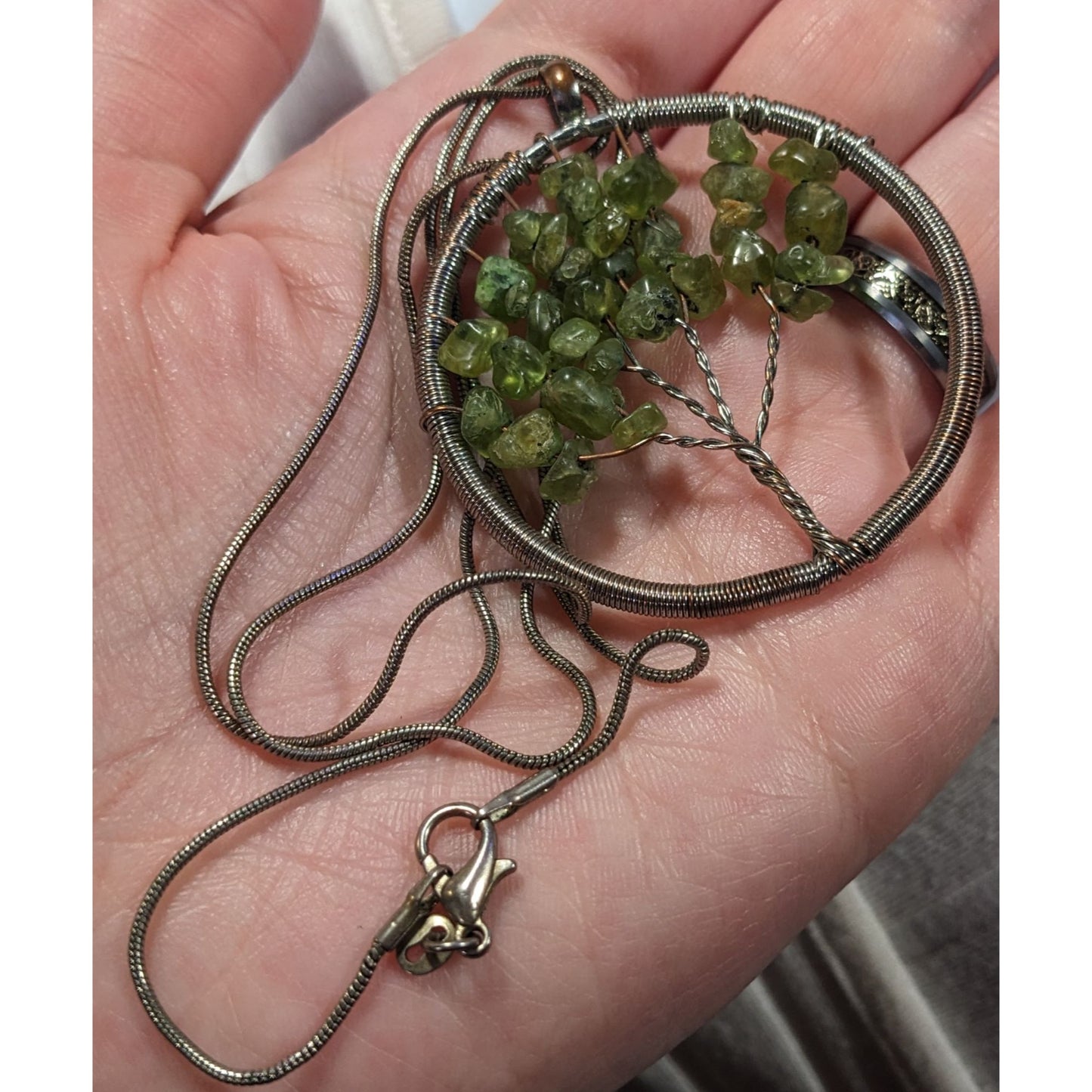 Mystical Silver Tone And Green Stone Tree Of Life Necklace
