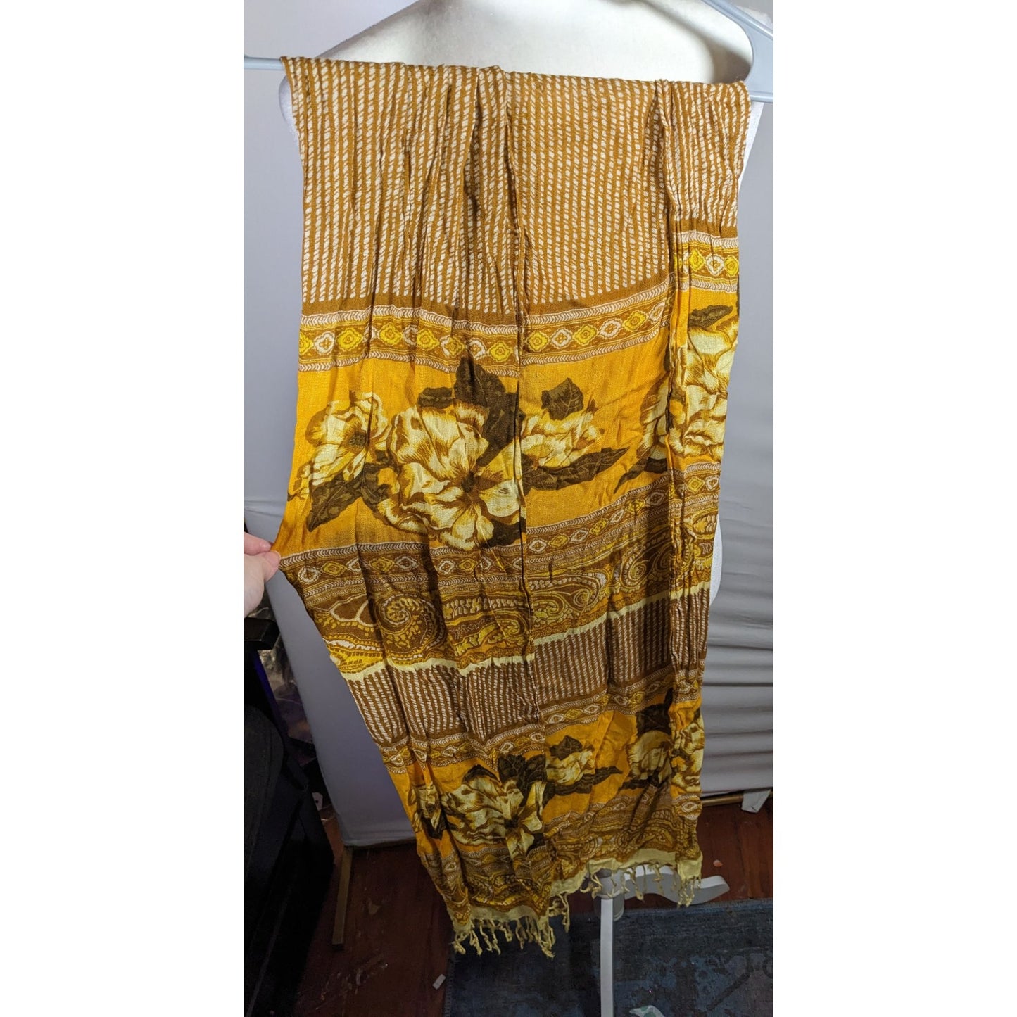 Vintage Isaac Miazrahi Yellow And Brown Floral Paisley Fringe Scarf
