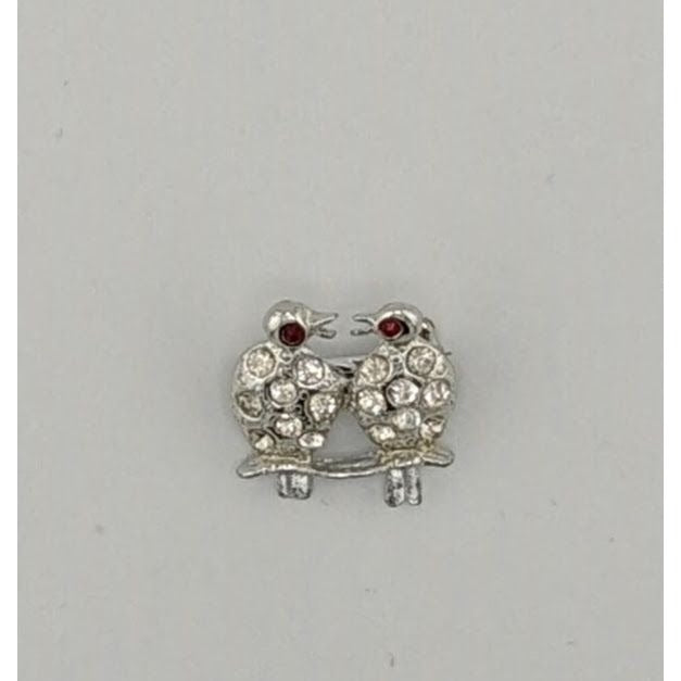 Vintaged Gemmed Bird Brooch Silver Tone With Red Eyes