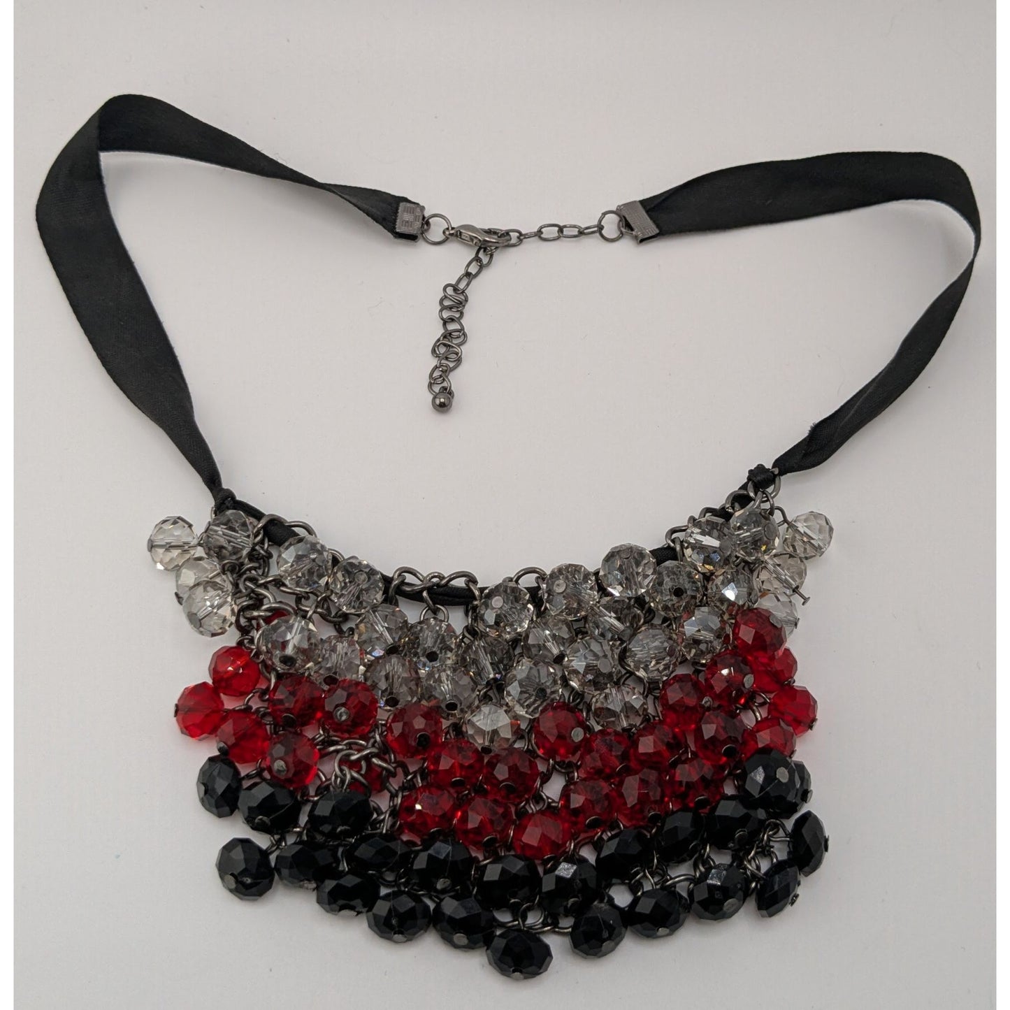 Handmade Sparkly Glass Bib Necklace Black Red Silver Glam Goth