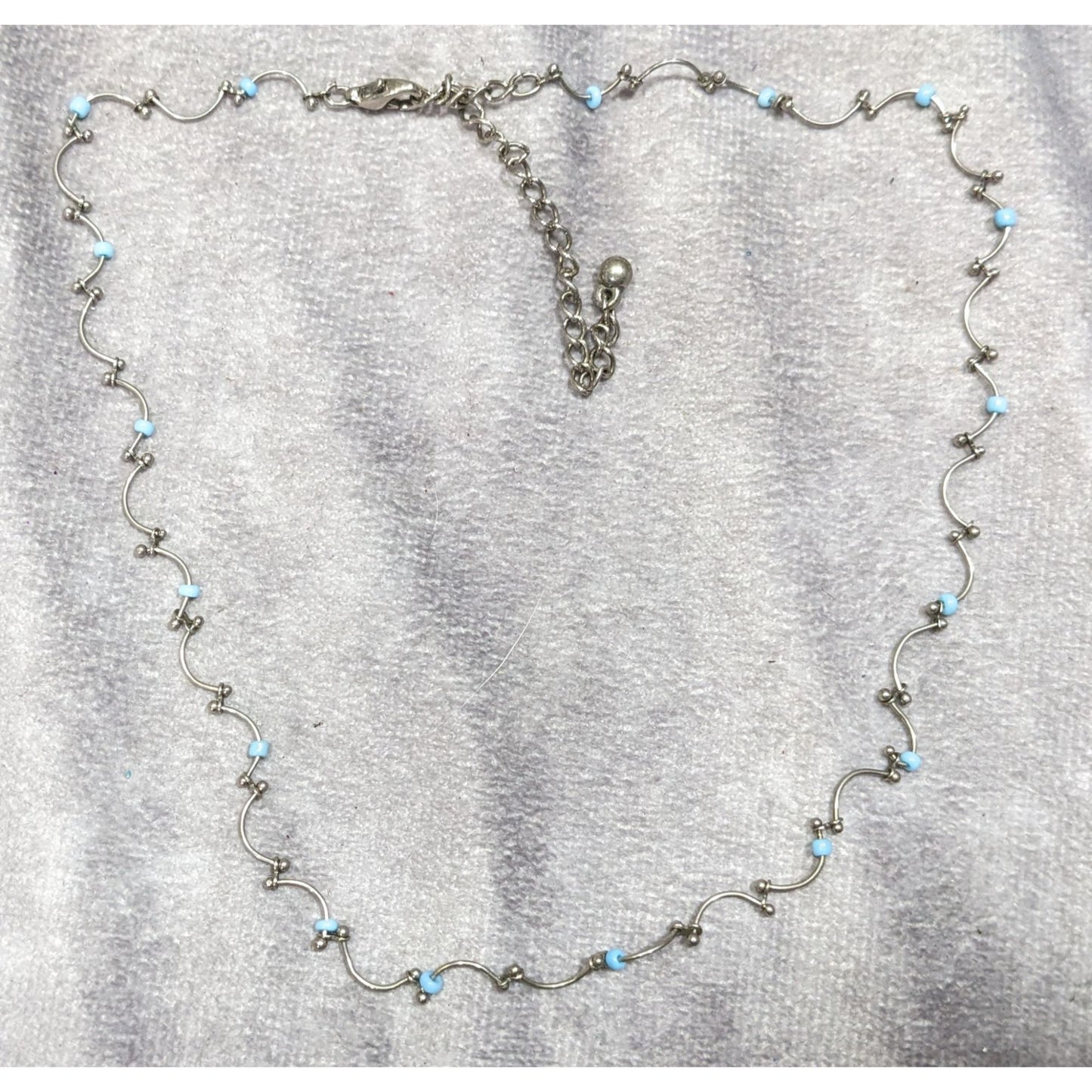 Funky Dainty Silver Wavy Chain Necklace With Blue Beads